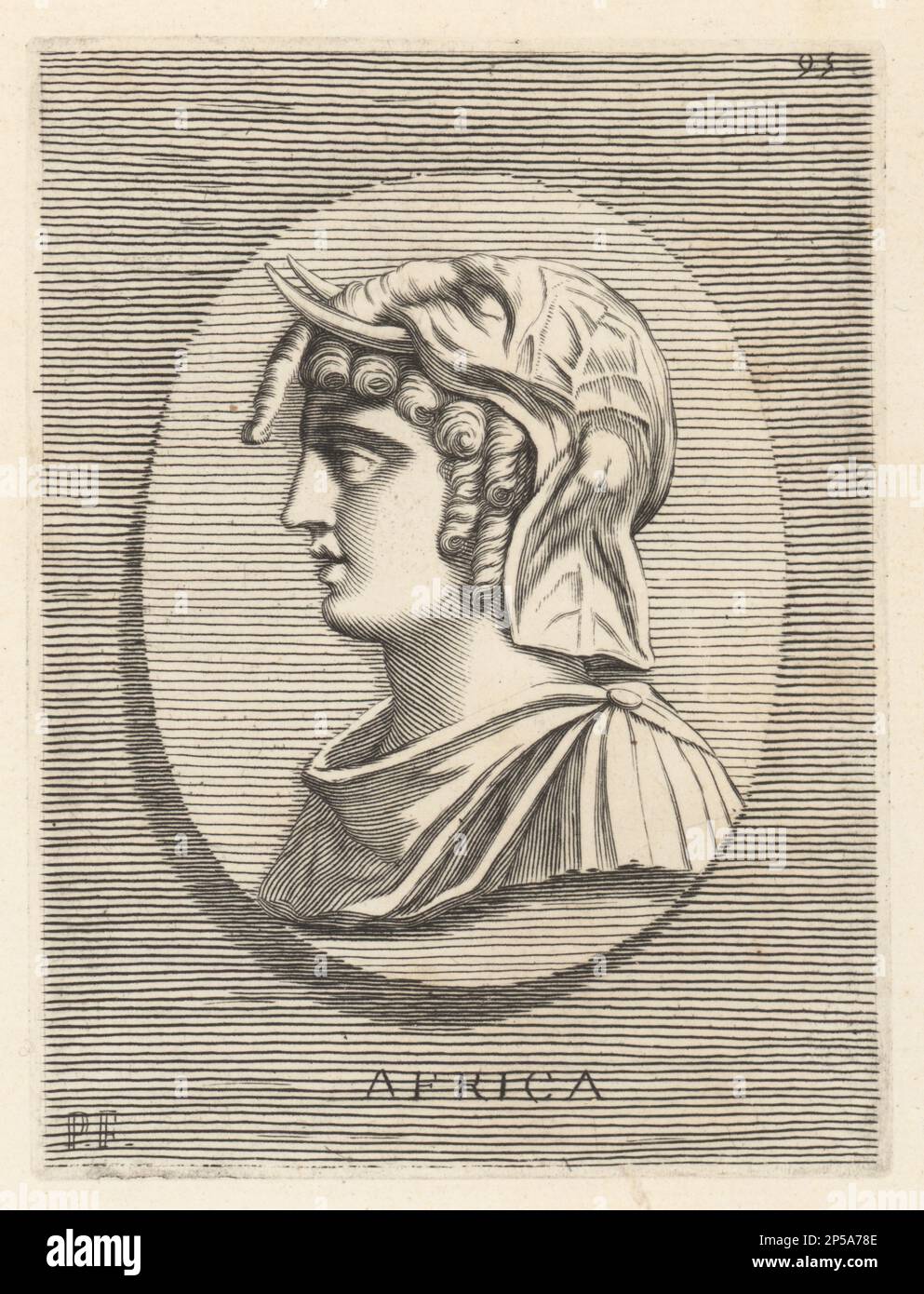 Testa di una donna con ricci sotto un casco da elefante, una figura femminile allegorica dell'Africa. Da un antico gioiello ovale in sardonice. Africa. Incisione su copperplate di Etienne Picart dopo Giovanni Angelo Canini da Iconografia, cioe malati d'imagini de famosissimi monarchi, regi, filososi, poeti ed oratori dell'Antichita, disegni di immagini di famosi monarchi, re, filosofi, poeti ed oratori dell'Antichità, Ignatio de’Lazari, Roma, 1699. Foto Stock