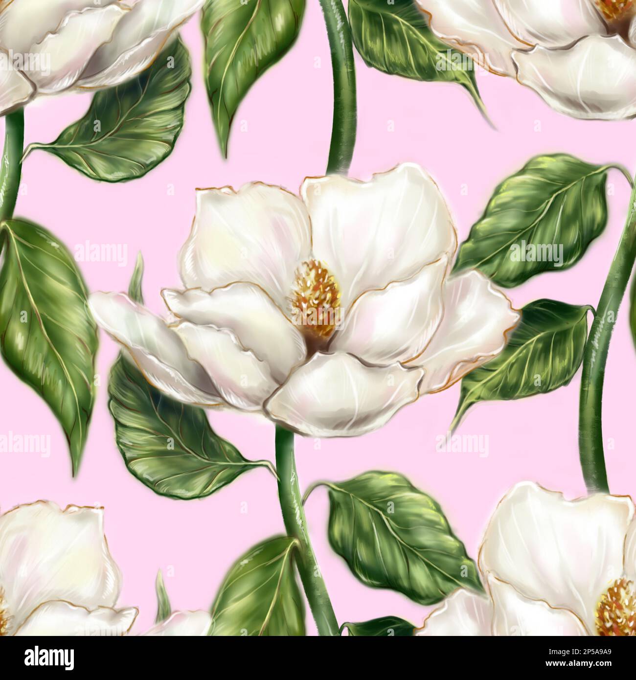 Bello bianco perla avorio magnolia fiore foglia ramo pianta computer grafica digitale acquerello arte senza cuciture motivo sfondo. Foto Stock