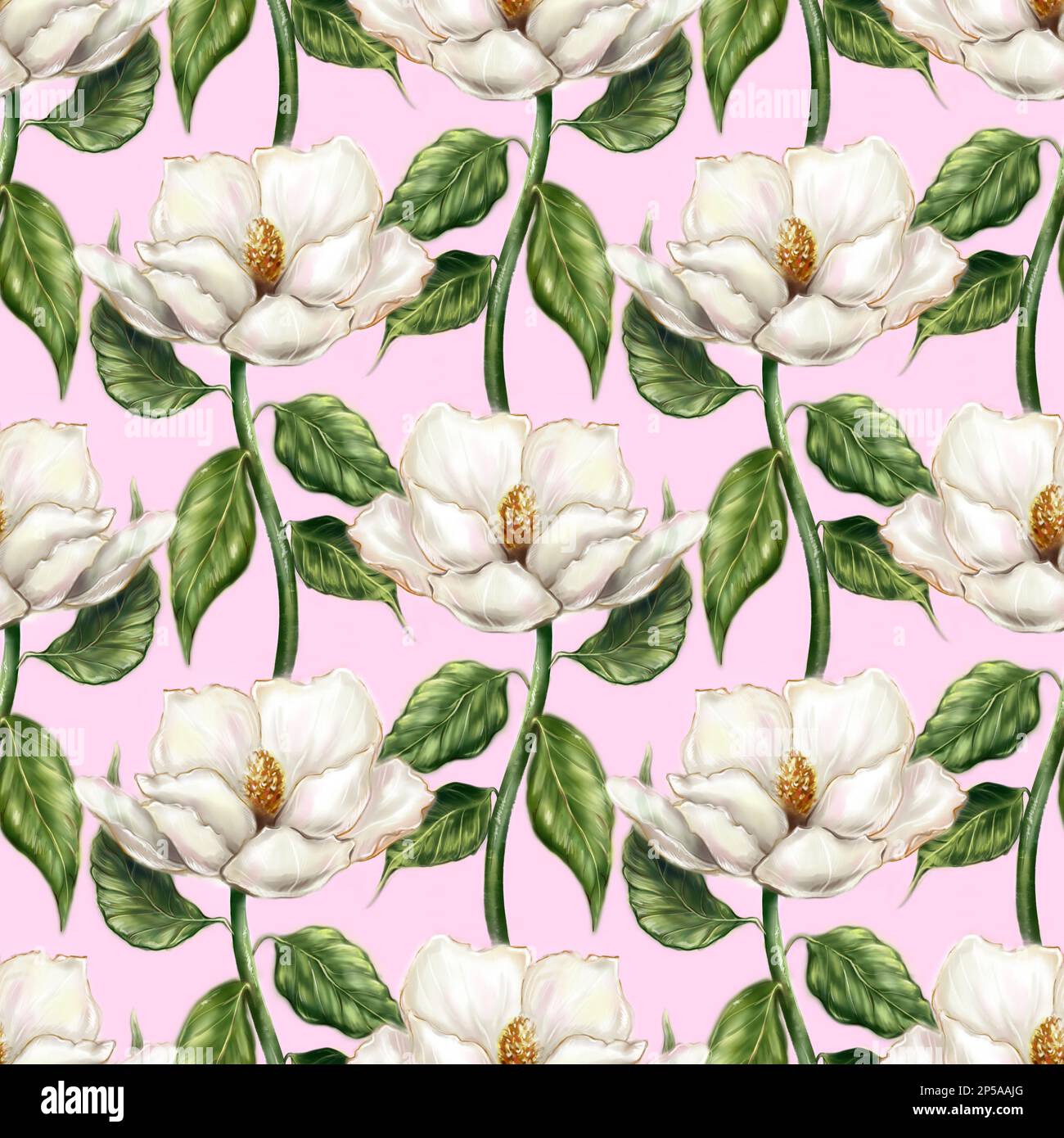 Bello bianco perla avorio magnolia fiore foglia ramo pianta computer grafica digitale acquerello arte senza cuciture motivo sfondo. Foto Stock