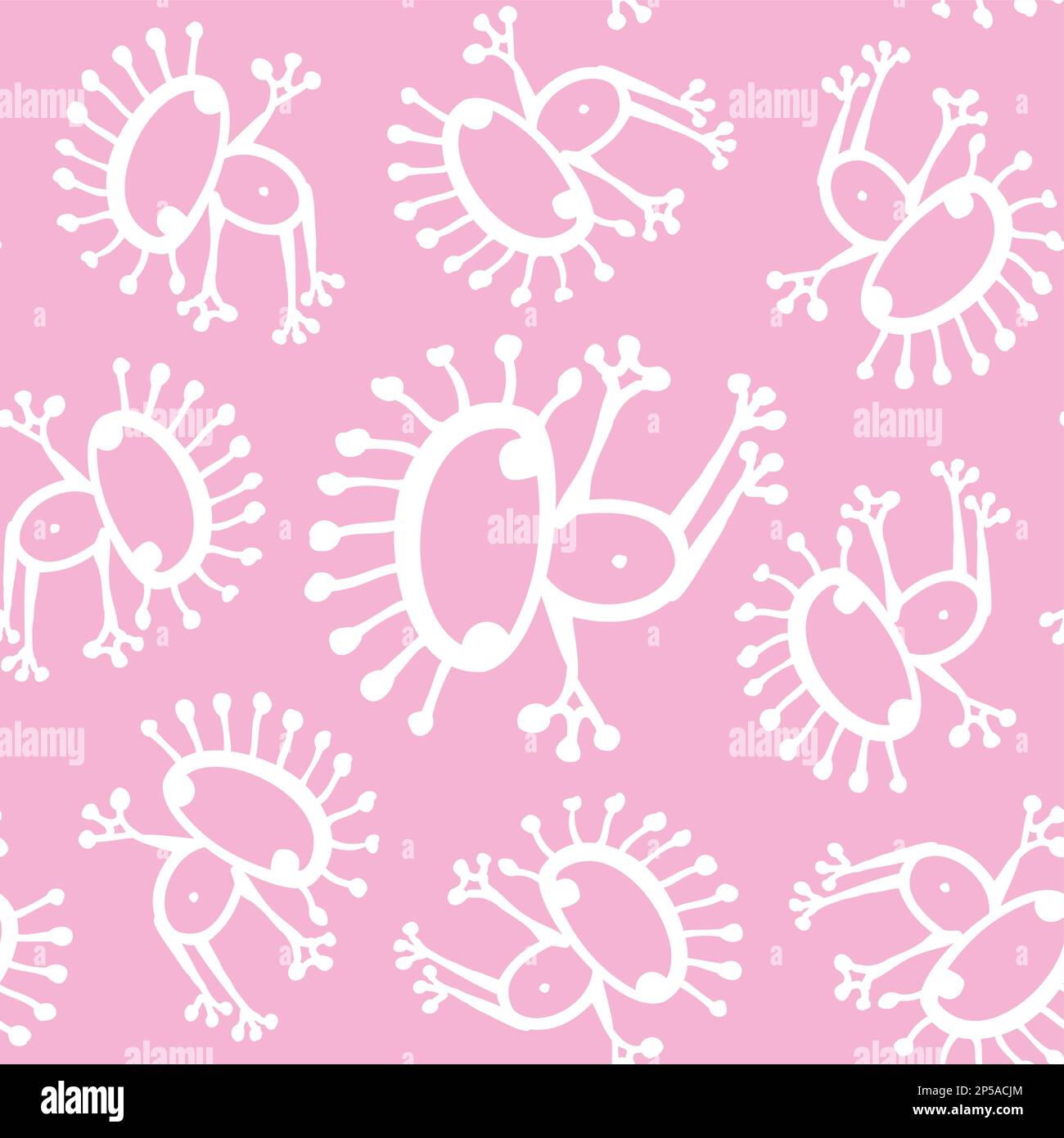 Rosa bianco doodle aliena rana bambino senza cuciture modello di sfondo vettoriale. Illustrazione Vettoriale