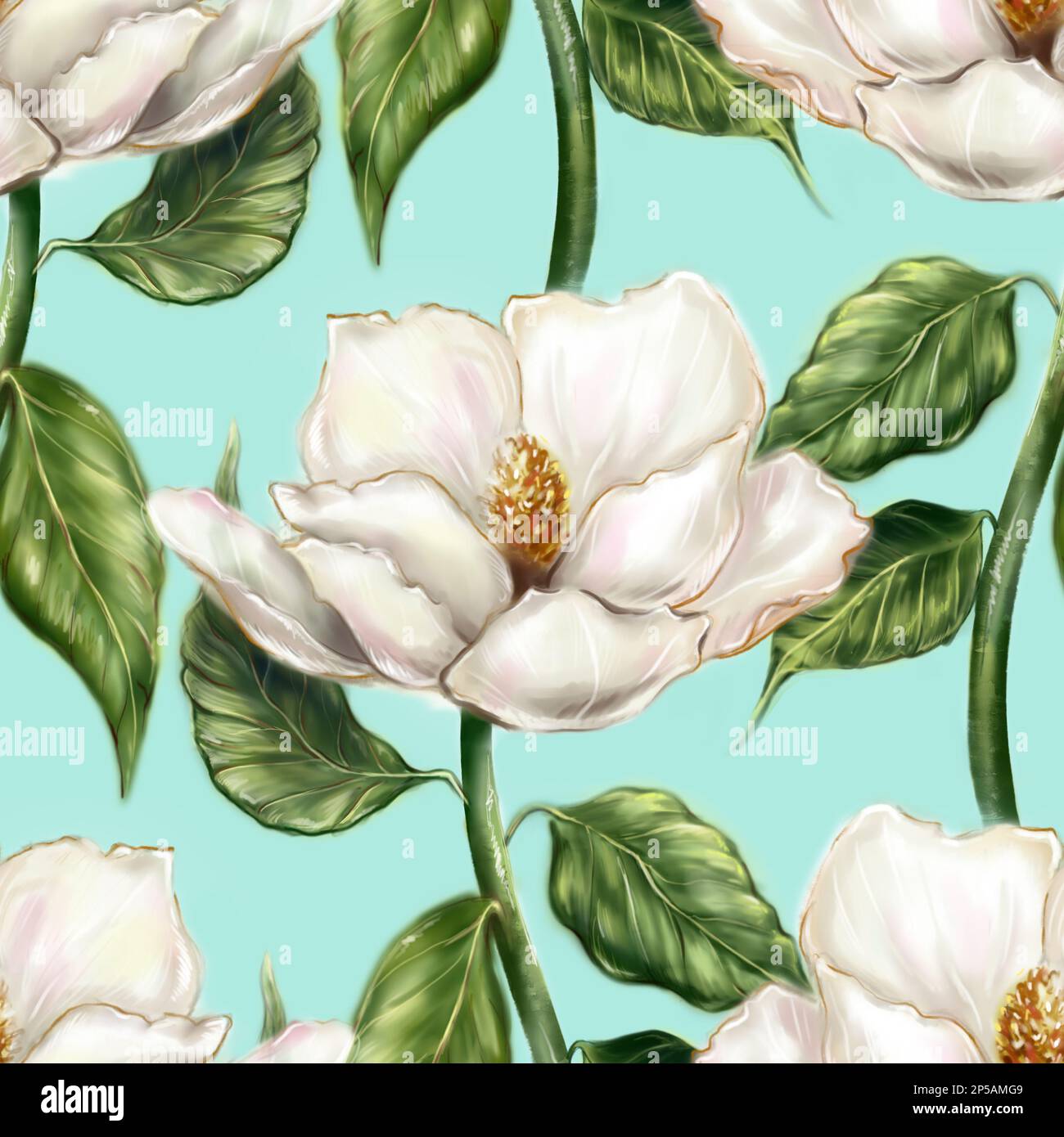 Bello bianco perla avorio magnolia fiore foglia ramo pianta computer grafica digitale acquerello arte senza cuciture motivo sfondo. Foto Stock