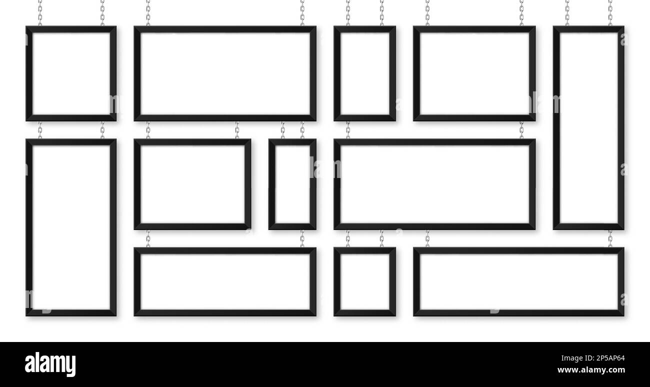 Cartelli neri appesi su una catena metallica. Menu del ristorante. Moderno poster mockup. Foto o cornice vuota. Pubblicità o presentazione Illustrazione Vettoriale