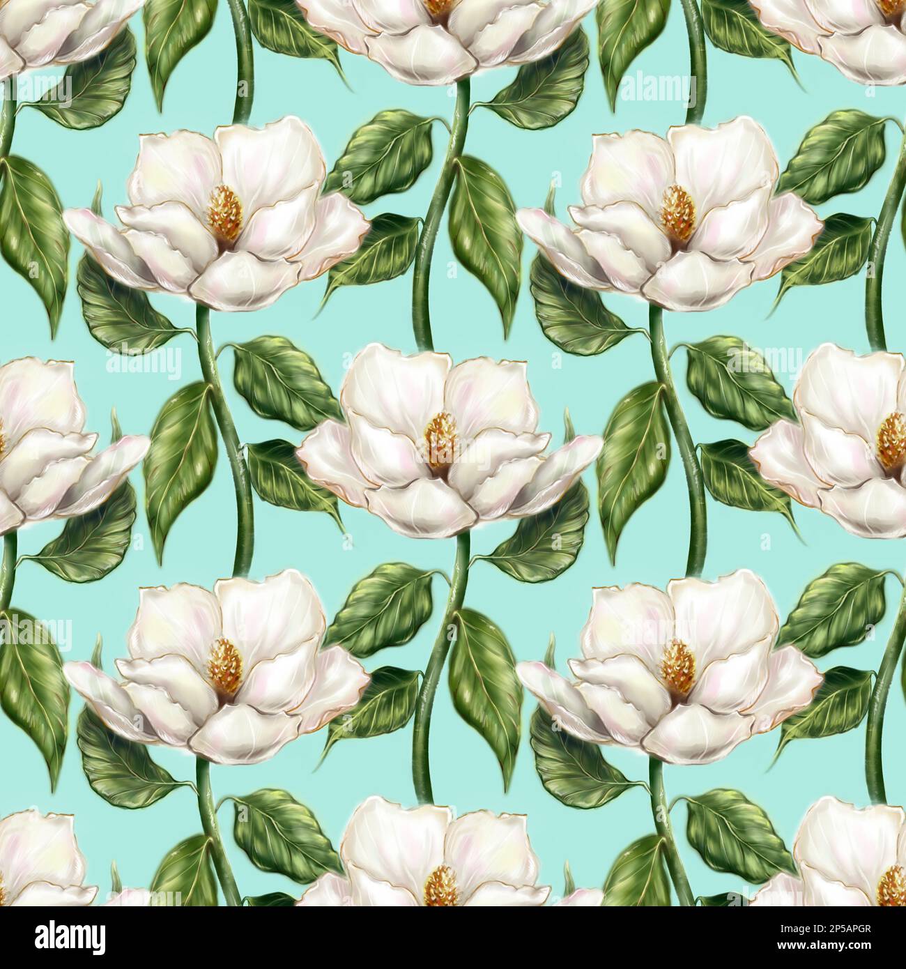 Bello bianco perla avorio magnolia fiore foglia ramo pianta computer grafica digitale acquerello arte senza cuciture motivo sfondo. Foto Stock