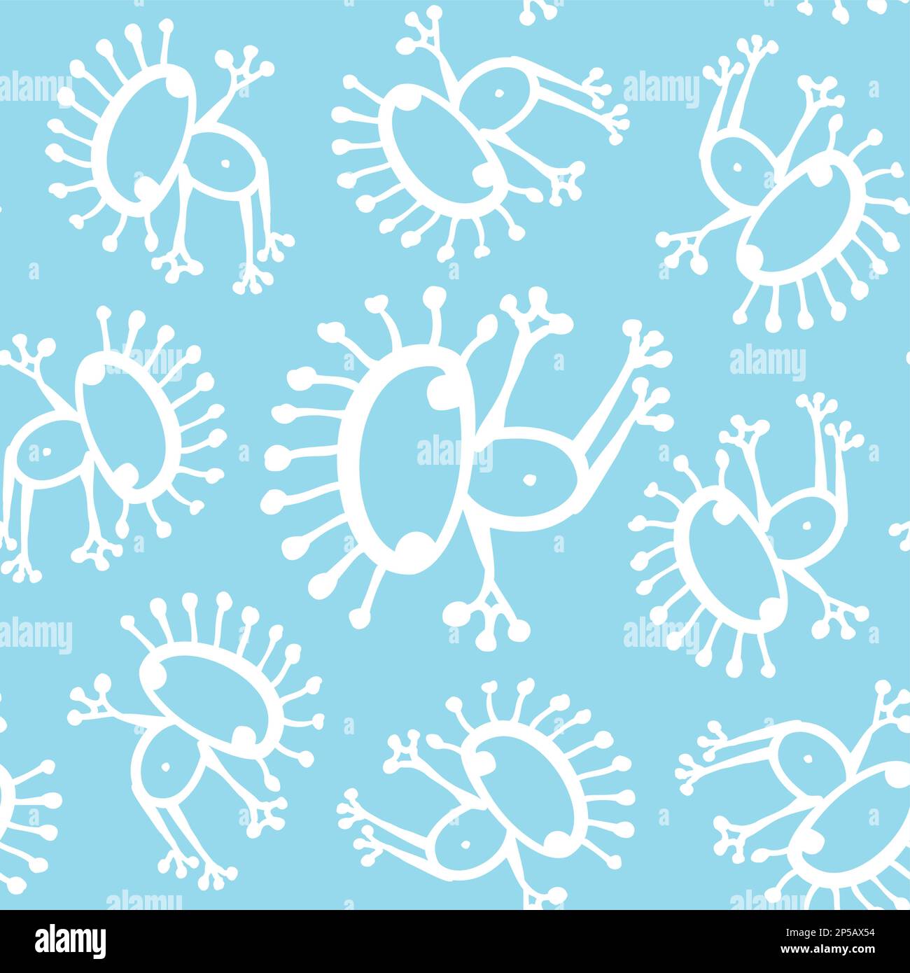 Blu bianco doodle aliena rana bambino senza cuciture sfondo modello vettoriale. Illustrazione Vettoriale