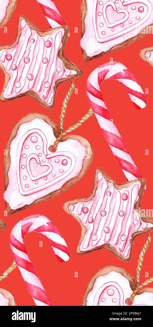 Acquerello Natale caramella canna zenzero biscotti senza cuciture motivo. Foto Stock