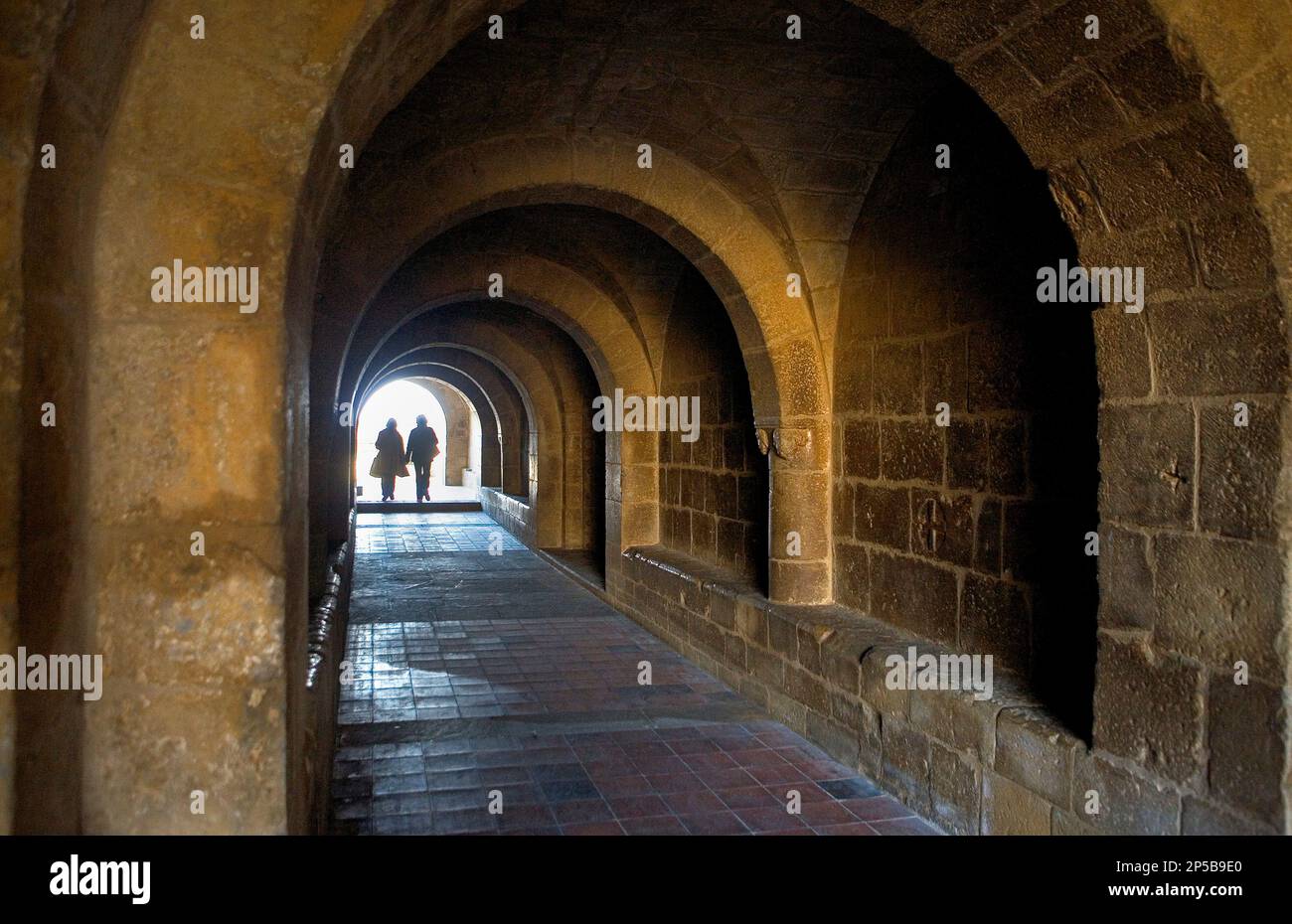 Provincia di Saragozza, Aragona, Spagna: SOS del Rey Católico.Gallery stile romanico che unisce le due chiese dell'Uncastillo. San Esteban con Santa Foto Stock