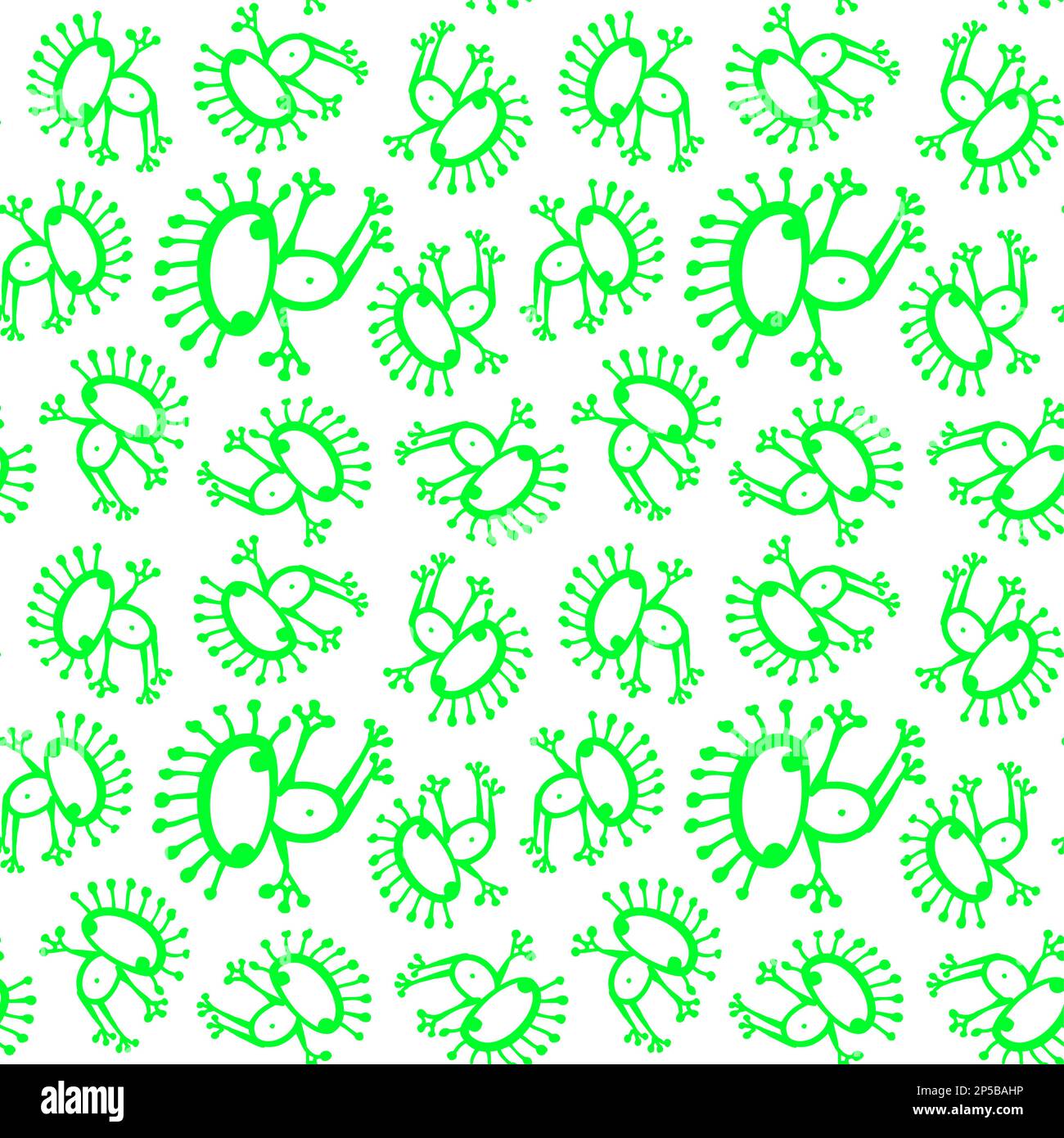 Neon verde bianco doodle aliena rana vettore senza cuciture pattern. Illustrazione Vettoriale