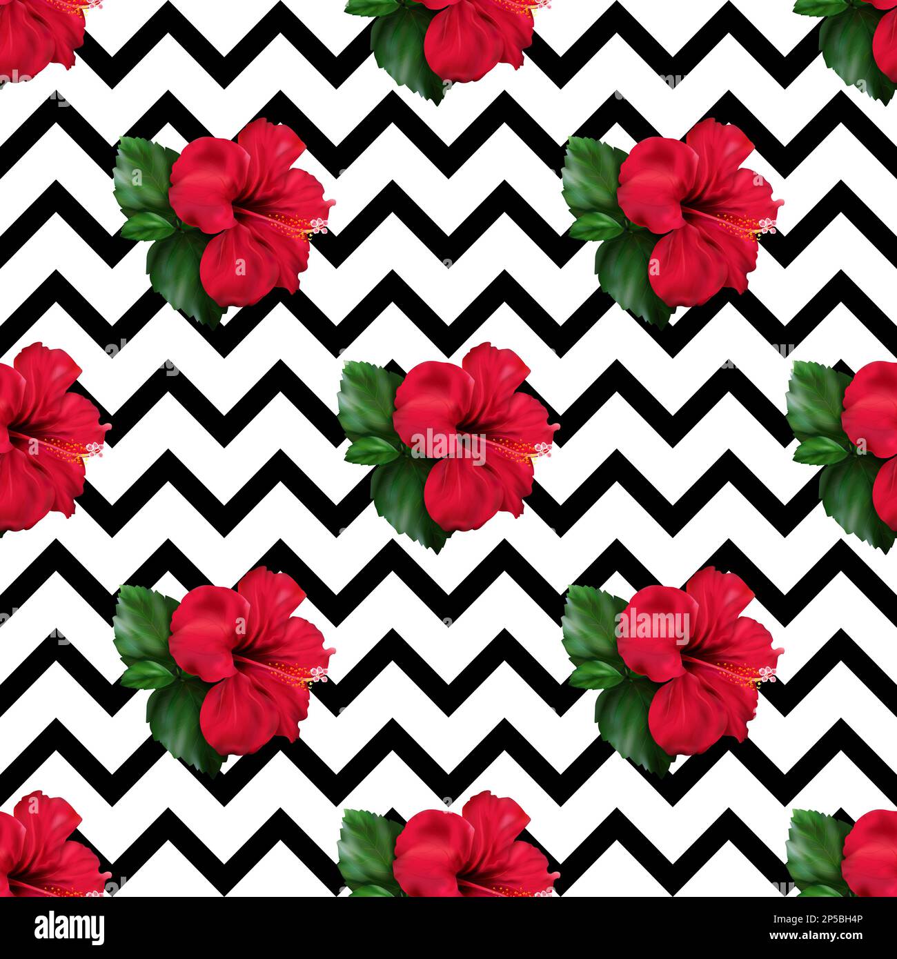 Rosso hibiscus karkade tropicale esotico fiore pianta geometrico senza cuciture sfondo. Foto Stock