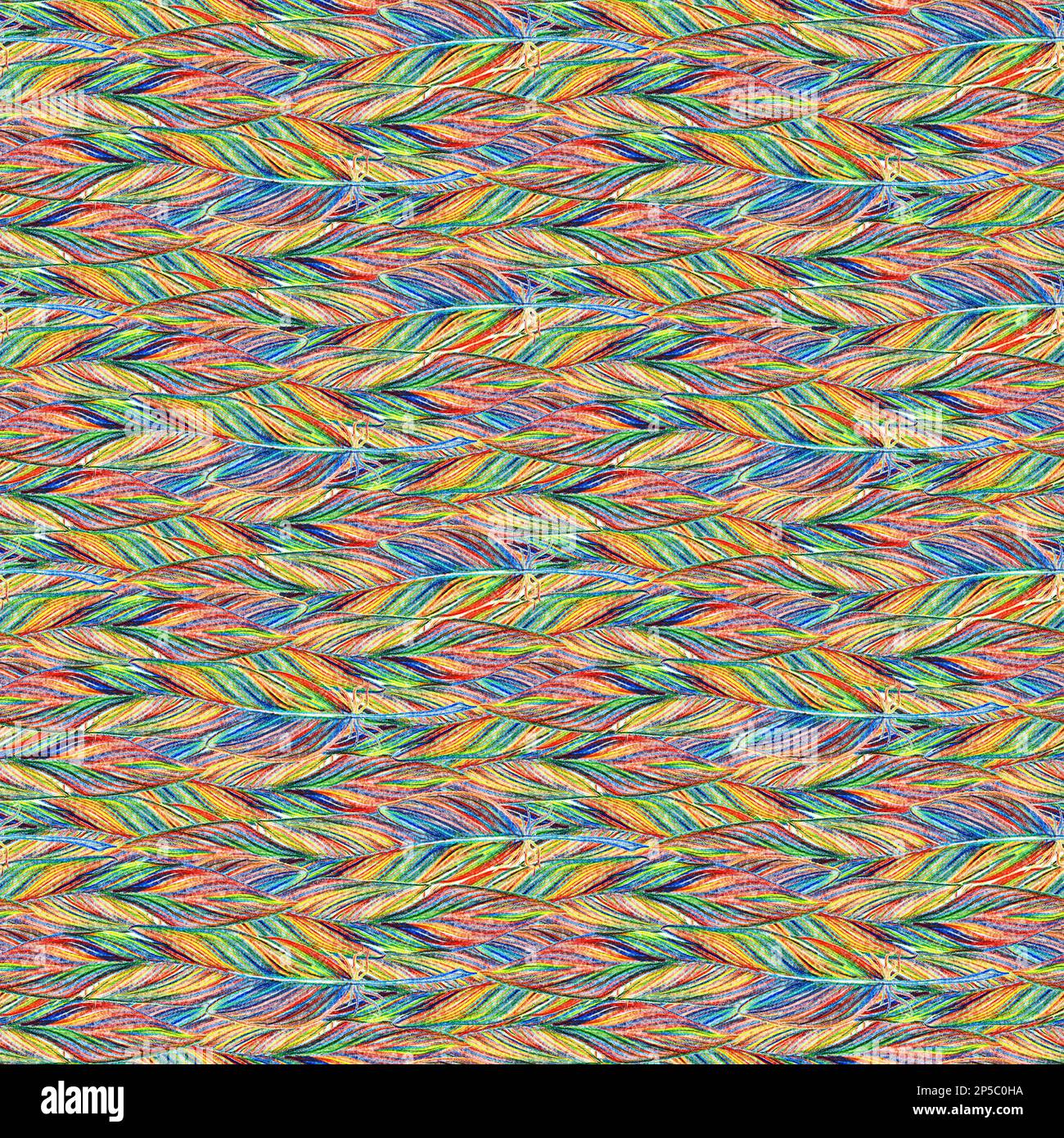 Arcobaleno colorato uccello piuma treccia senza cuciture motivo texture sfondo. Foto Stock