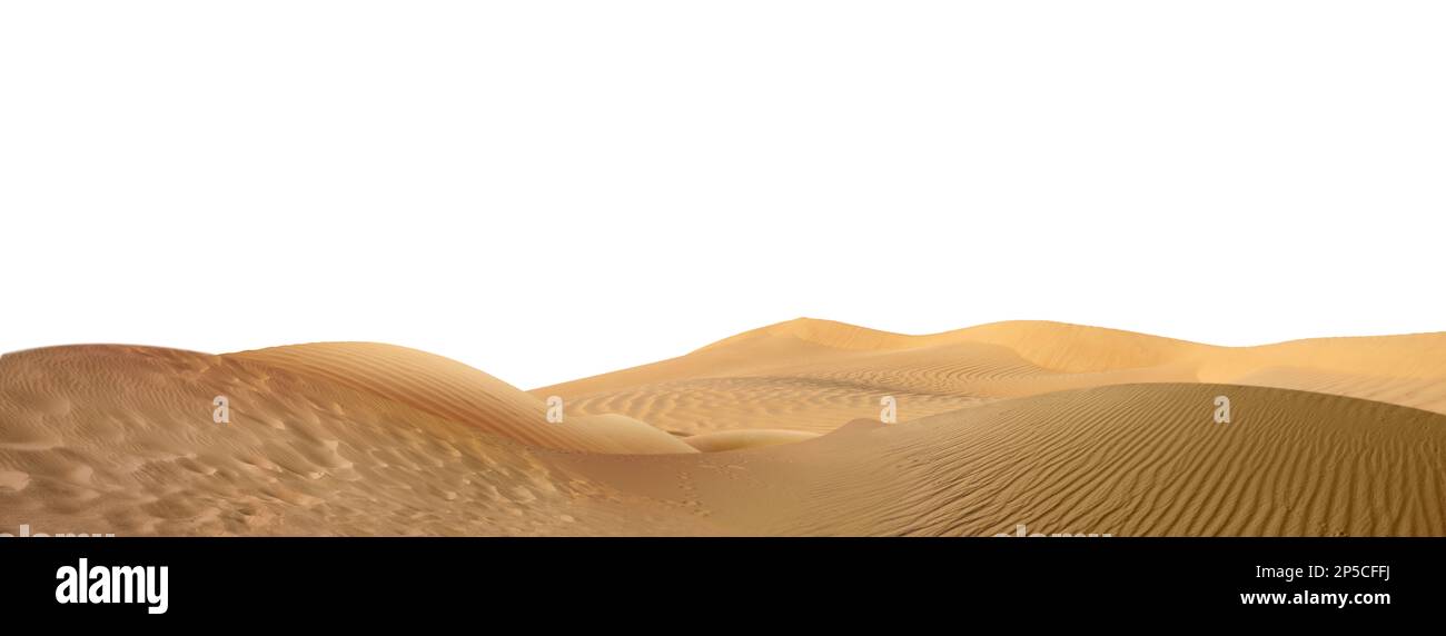 Dune di sabbia su sfondo bianco, banner design. Deserto selvaggio Foto Stock