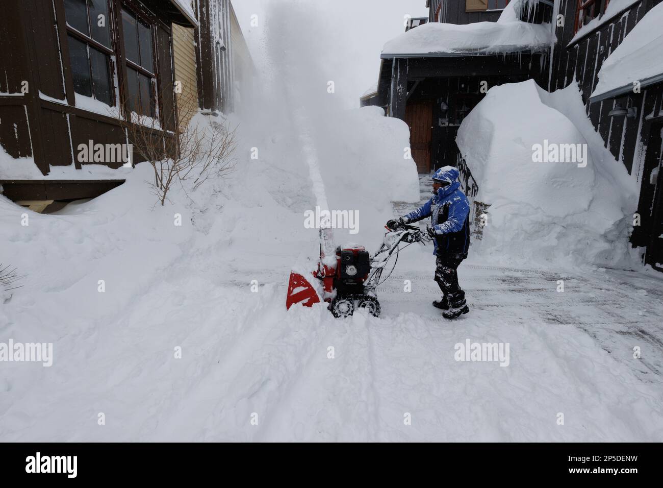 Un uomo utilizza una macchina per la rimozione della neve per pulire un vialetto di accesso quando la neve cade durante una bufera di neve a Mammoth Lakes, California. Foto Stock