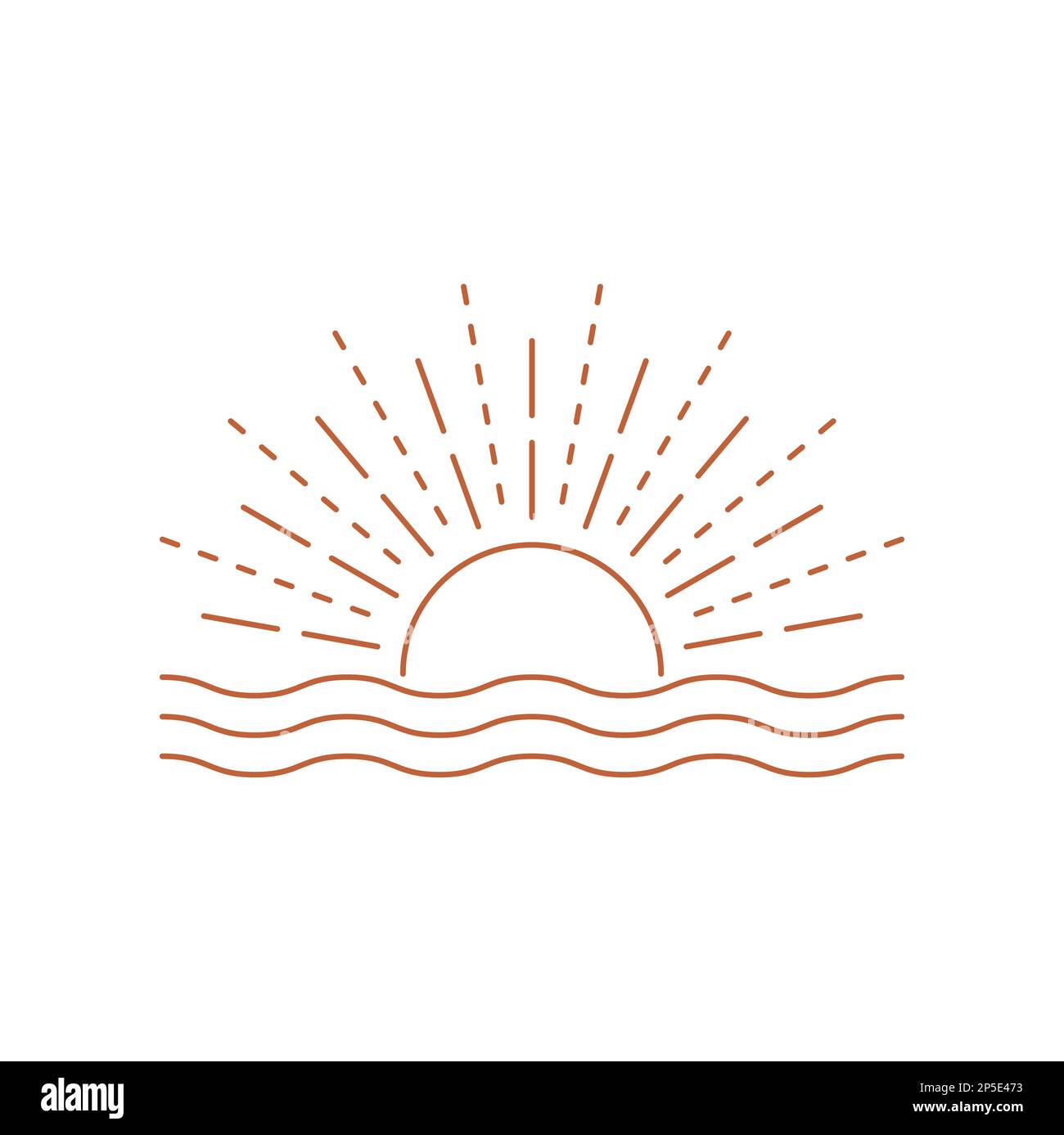 Sunrise Sunset boho luce solare geometrica, icona logo. Il sole geometrico bohémien lineare del vettore risplende, il sole splendente astratto in stile retrò, la stampa della parete Illustrazione Vettoriale