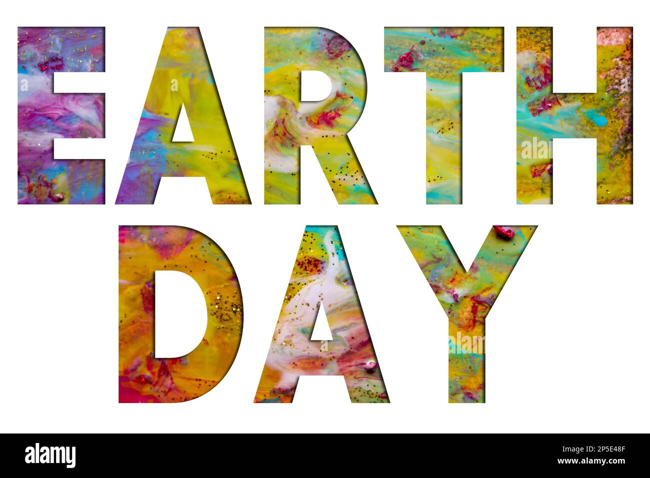 Astratto Arte Naturale di Lusso, pittura fluida con testo Earth Day, tecnica dell'inchiostro alcolico. L'immagine incorpora i vortici di granito marmoreo. Foto Stock