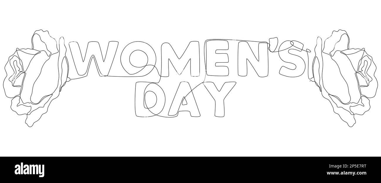 Una linea continua di parola della Giornata della Donna con fiore. Concetto di vettore di illustrazione a linea sottile. Disegno di contorno idee creative. Illustrazione Vettoriale