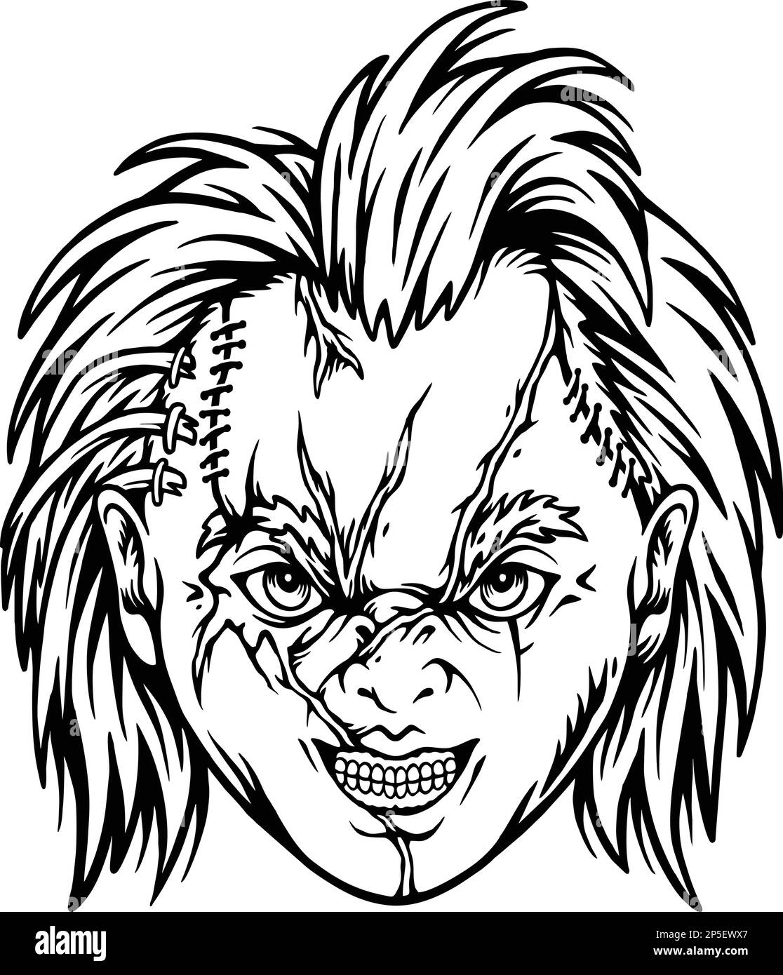 Horror bambole zombie testa immagini vettoriali monocromatiche per il vostro logo di lavoro, merchandise t-shirt, adesivi e disegni di etichette, poster, biglietti d'auguri a Illustrazione Vettoriale