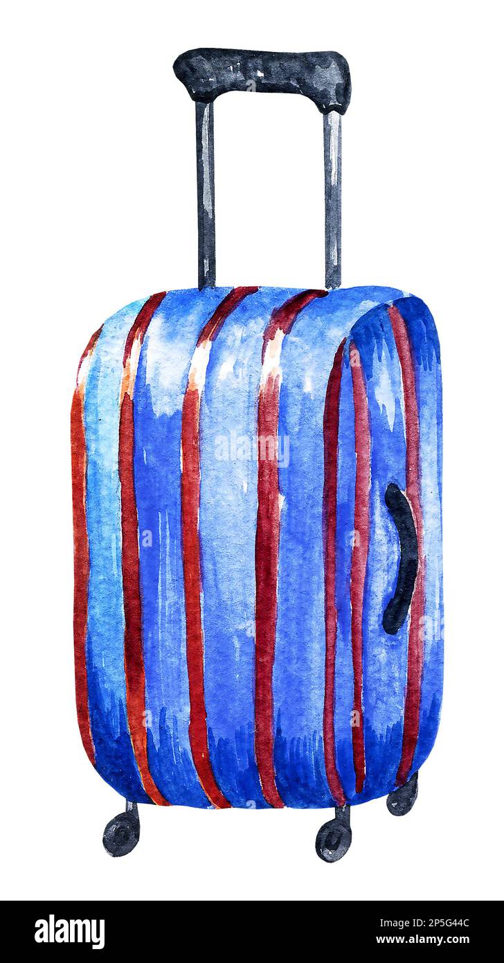 valigia acquerello, a righe blu per le vacanze estive, illustrazione a mano oscura, schizzo estivo Foto Stock