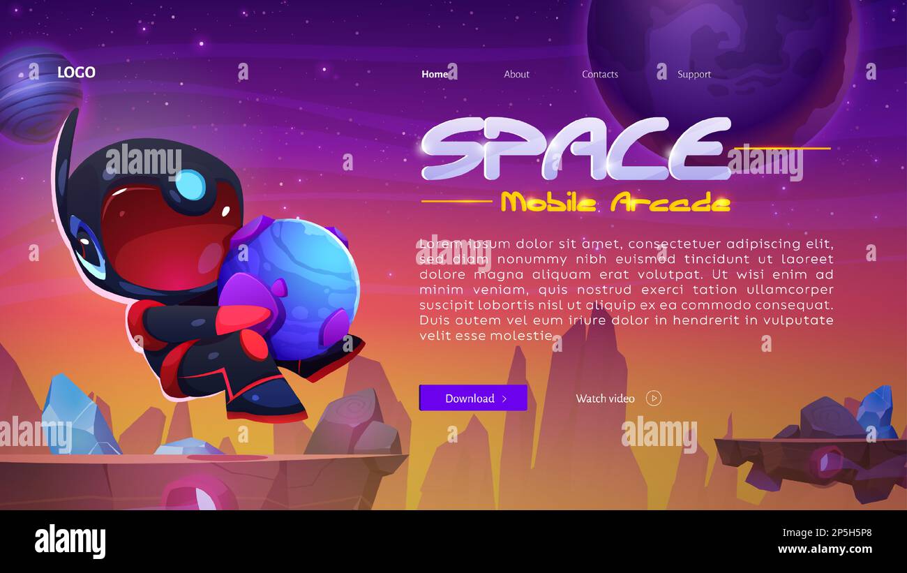 Astronauta nello spazio sul paesaggio del pianeta alieno, landing page mobile arcade. Sfondo COSMOS con carino cosmonaut volante in nero tuta spaziale e casco tenendo il globo, vettoriale illustrazione cartoon Illustrazione Vettoriale