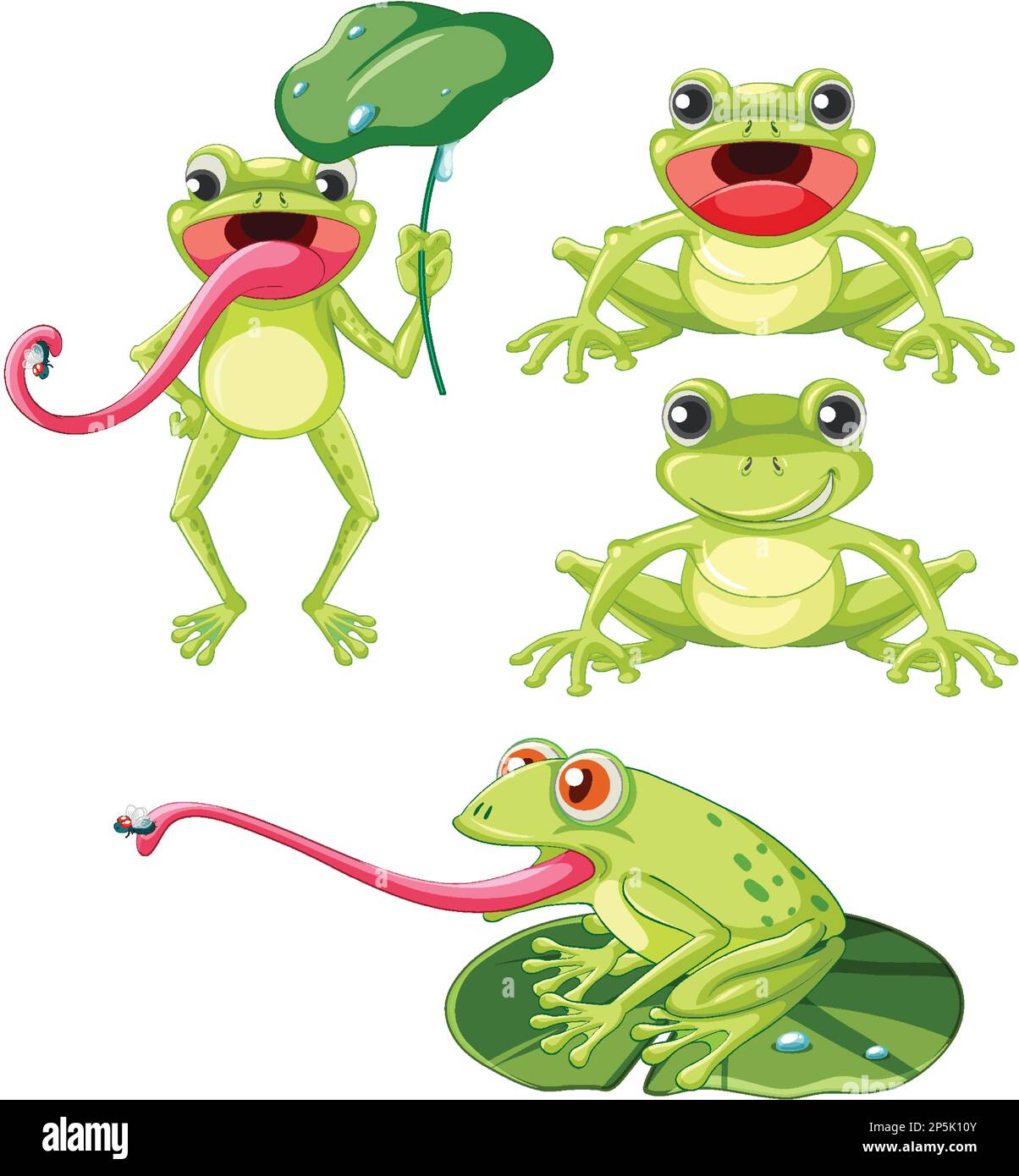 Set di illustrazioni del carattere del cartoon verde della rana Illustrazione Vettoriale