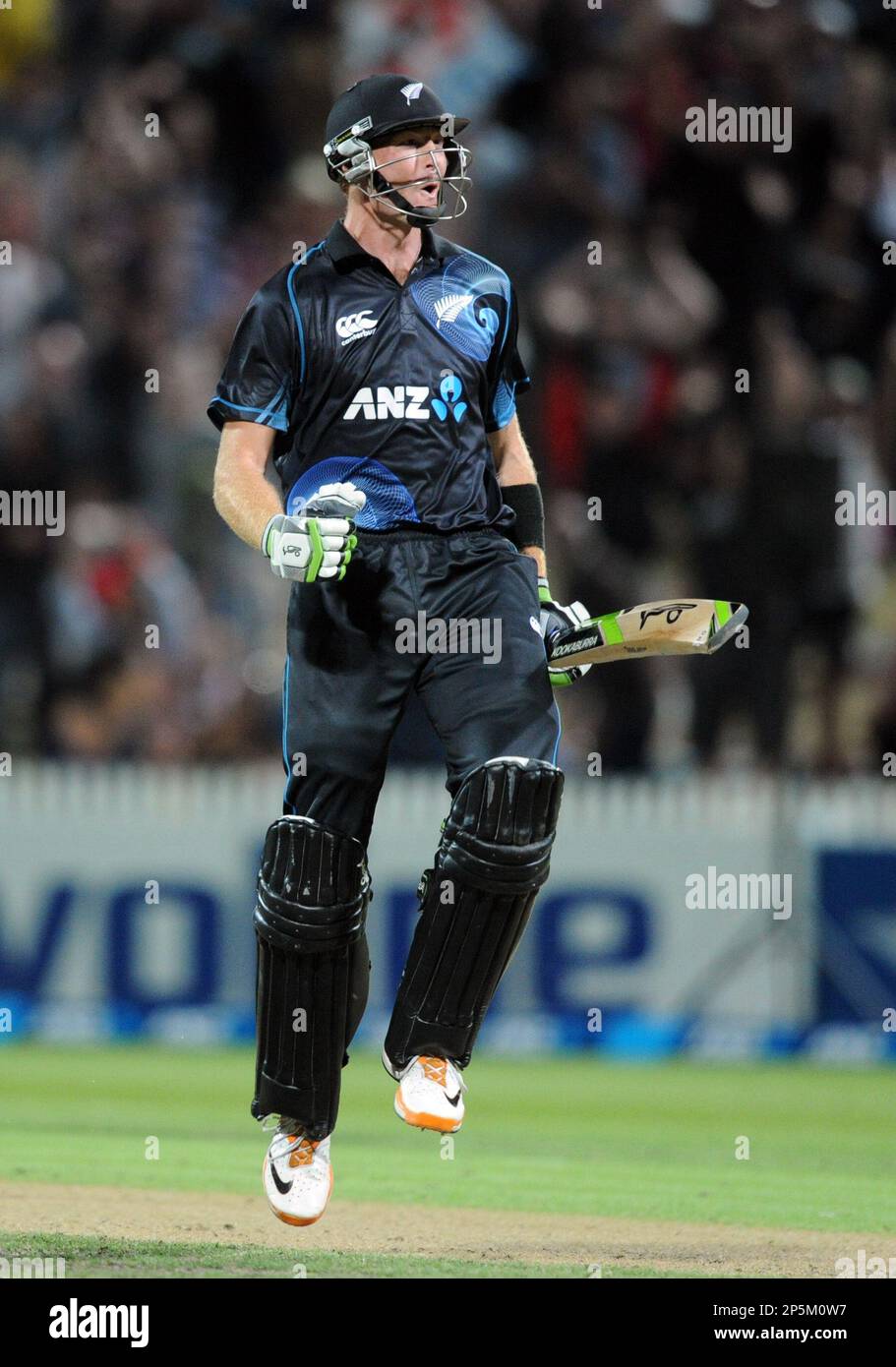 New Zealand's Martin Guptill celebrates after hitting the winning runs to defeat England by three wickets in the the first one day international cricket match at Seddon Park, Hamilton, New Zealand, Sunday, Feb. 17, 2013. (AP Photo/SNPA, Ross Setford) NEW ZEALAND OUT Foto Stock