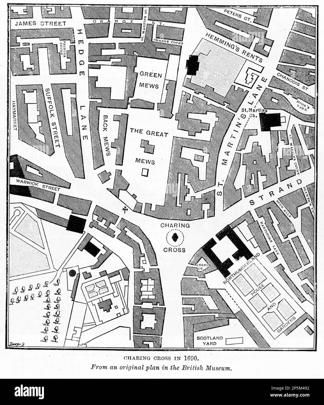 Incisione di Charing Cross, Londra, nel 1690, pubblicata intorno al 1880 Foto Stock