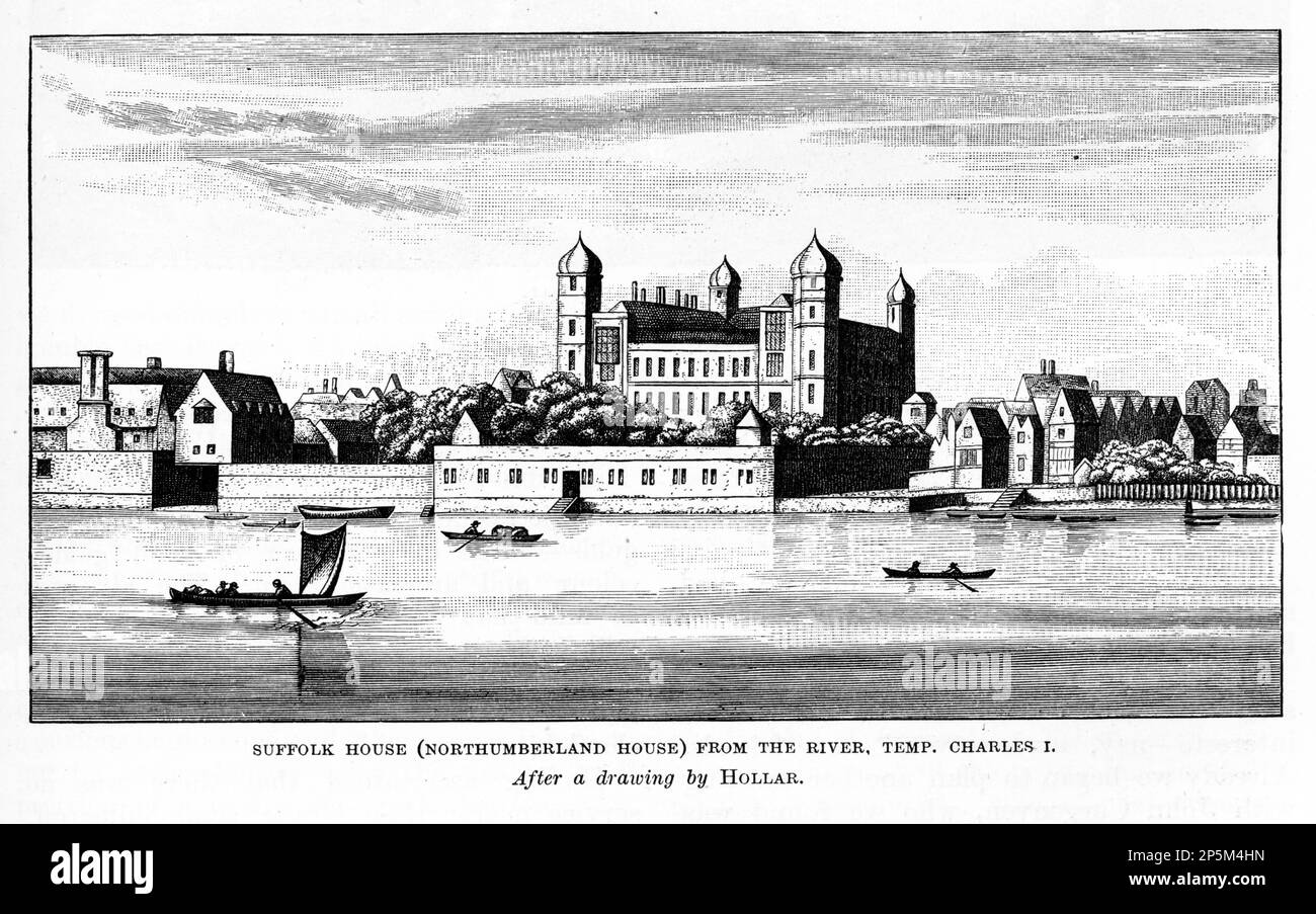 Incisione di Suffolk House, o Northumberland House, dal fiume Tamigi, circa 1880 Foto Stock