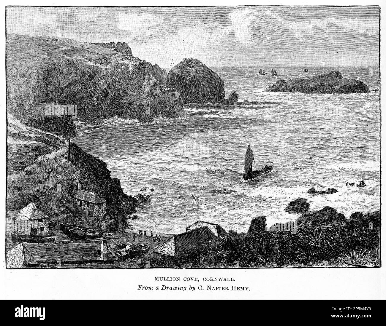 Incisione della baia di Mullion, Cornovaglia, Inghilterra, circa 1880 Foto Stock