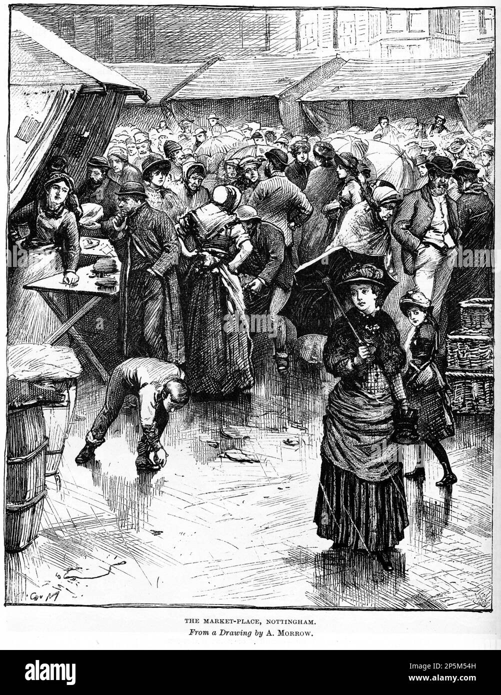 Incisione del mercato a Nottingham, Inghilterra, circa 1880 Foto Stock