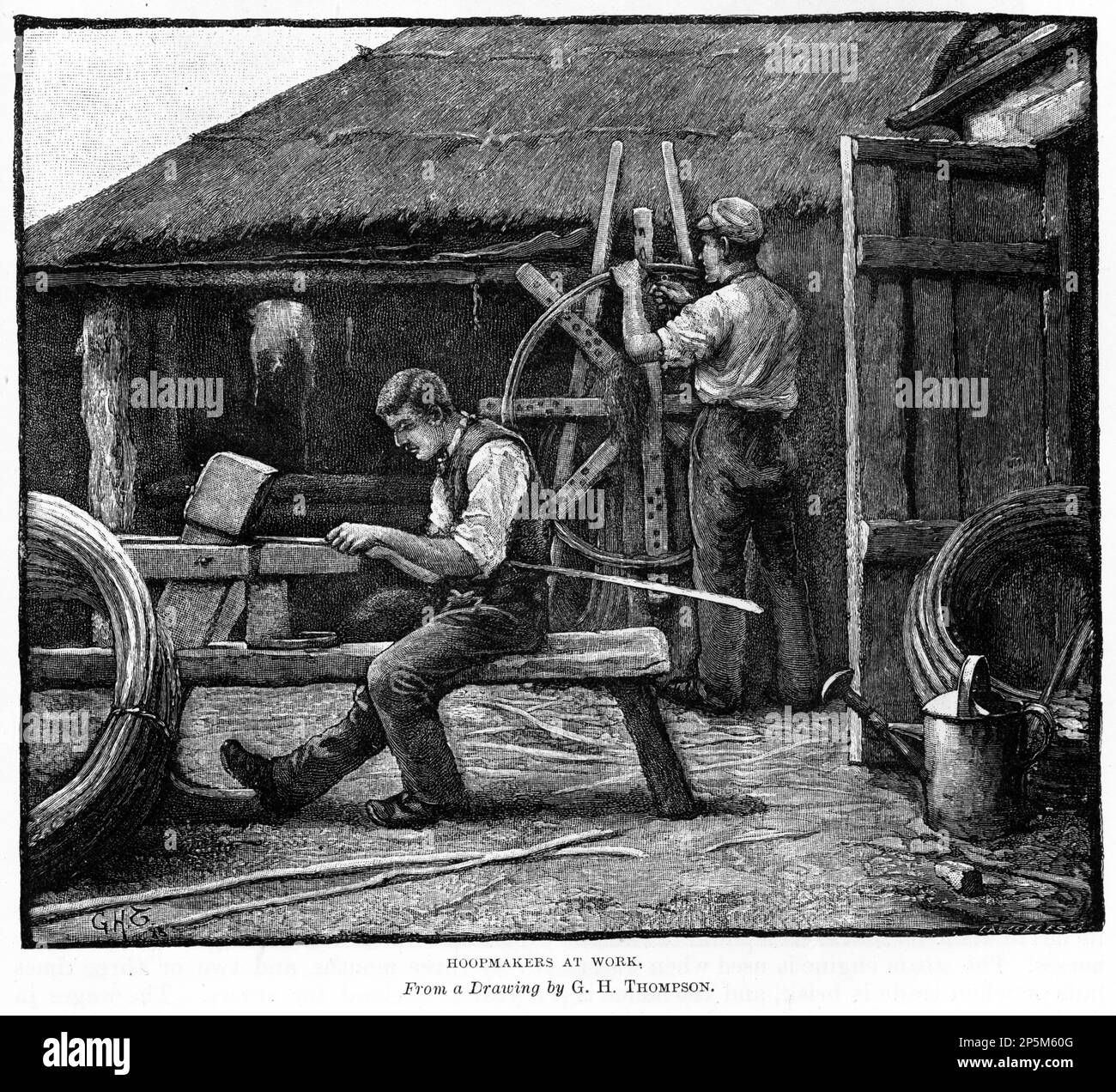 Incisione di uomini che fanno cerchi per ruote di carri, circa 1880 Foto Stock Incisione di uomini che fanno cerchi per ruote di carri, circa 1880 Foto Stock