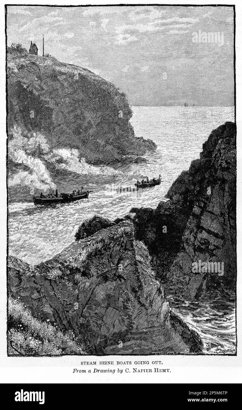 Incisione di barche a vapore con senna in partenza per una spedizione di pesca, circa 1880 Foto Stock