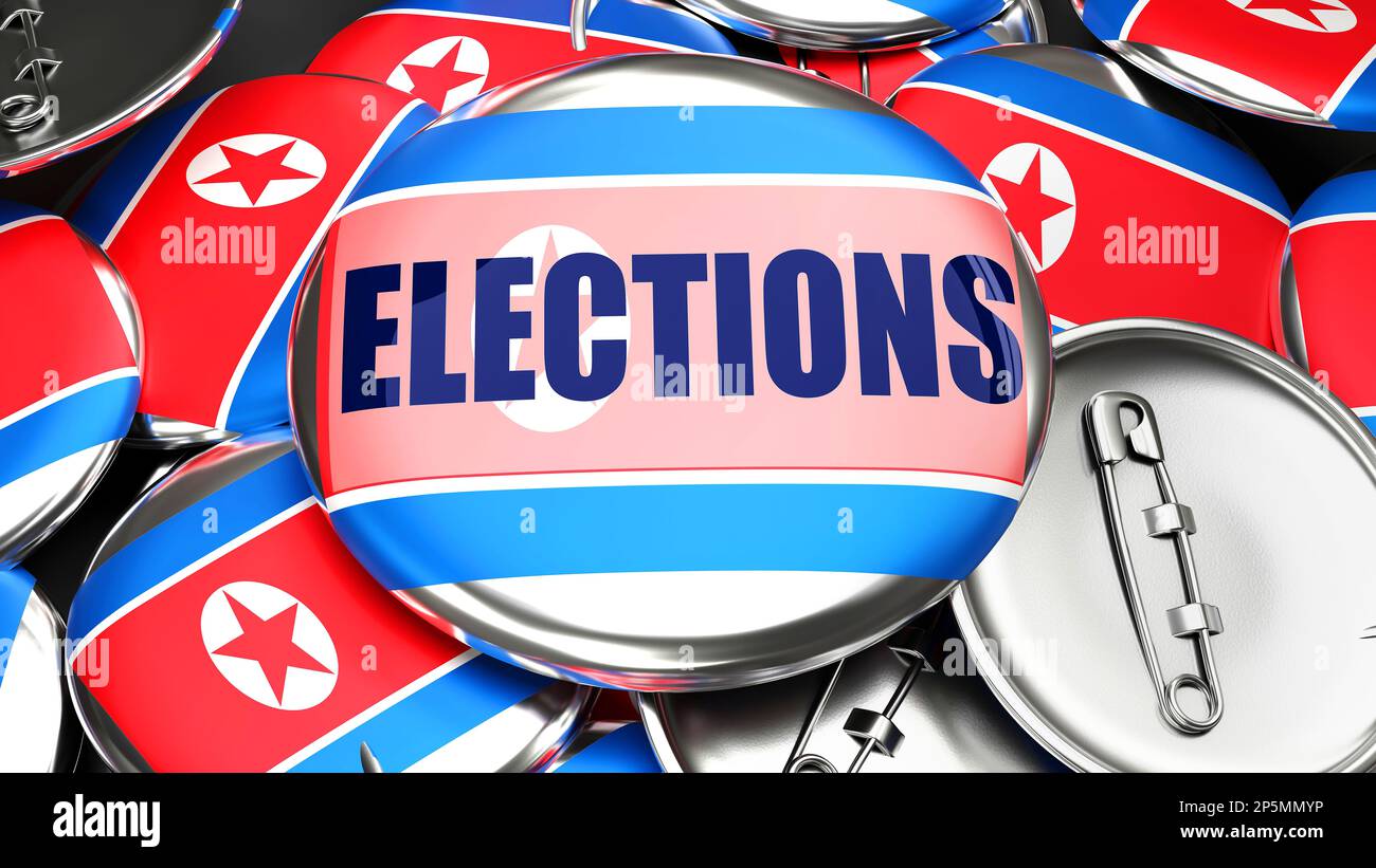Corea Repubblica popolare Democratica di ed elezioni - pulsanti elettorali per la pubblicità, la campagna e il sostegno alla Corea PE Democratica Foto Stock