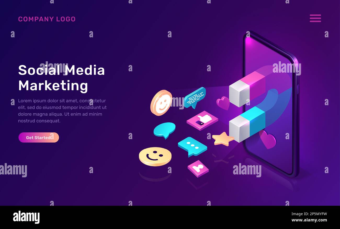 Marketing sui social media, mms virali, concetto isometrico vettoriale. Schermo del telefono cellulare 3D con grande magnete che attrae le icone dei contenuti dei social media, come e follower, messaggi di chat, pagina web delle app ultraviolette Illustrazione Vettoriale