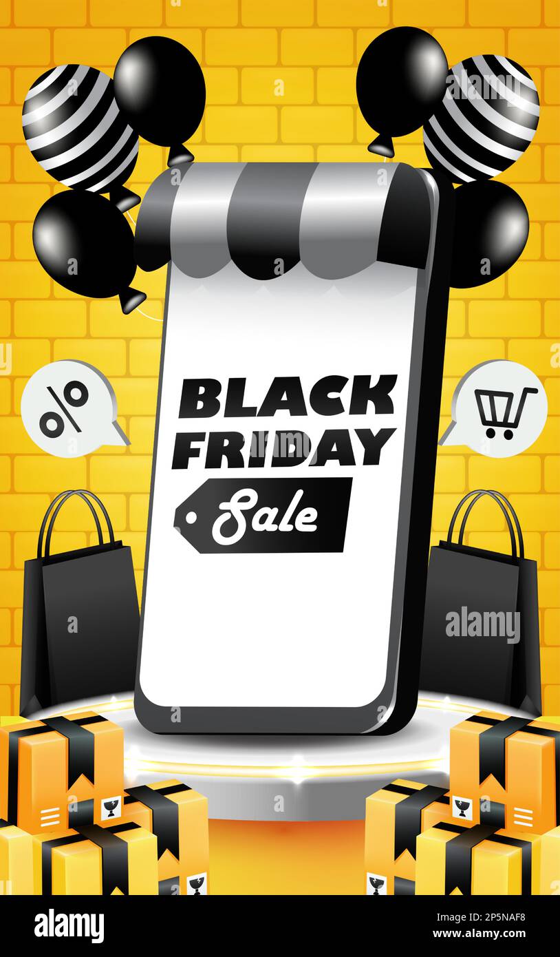 Saldi del Black Friday, shopping online divertente sul tuo smartphone Illustrazione Vettoriale