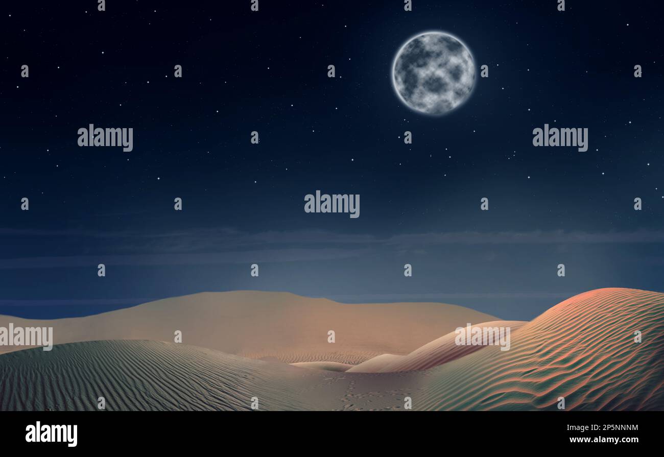 Vista panoramica del deserto sabbioso sotto il cielo stellato con luna piena di notte Foto Stock