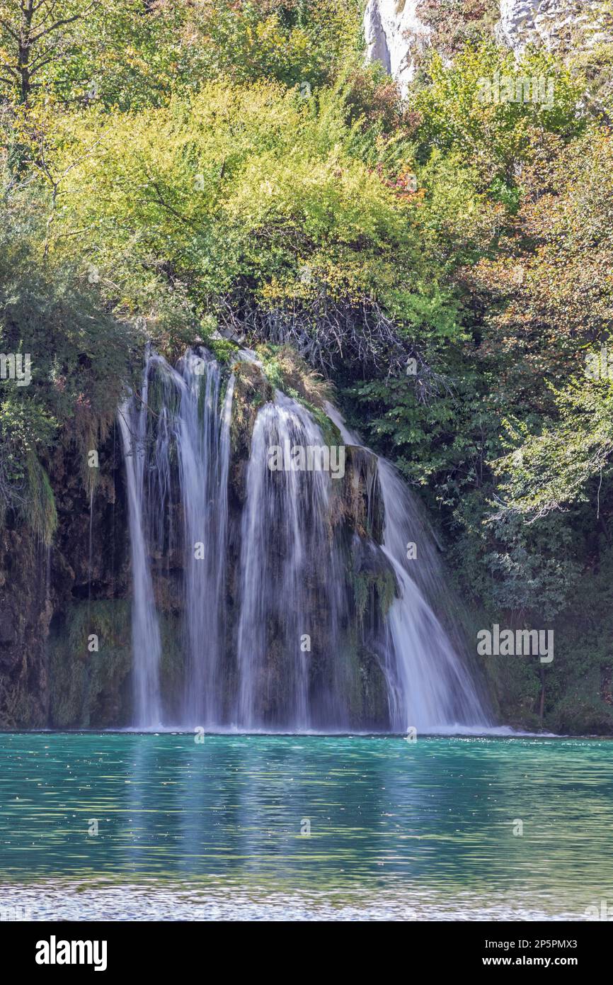 Cascata che esce dalla foresta nel Parco Nazionale dei Laghi di Plitvice Foto Stock