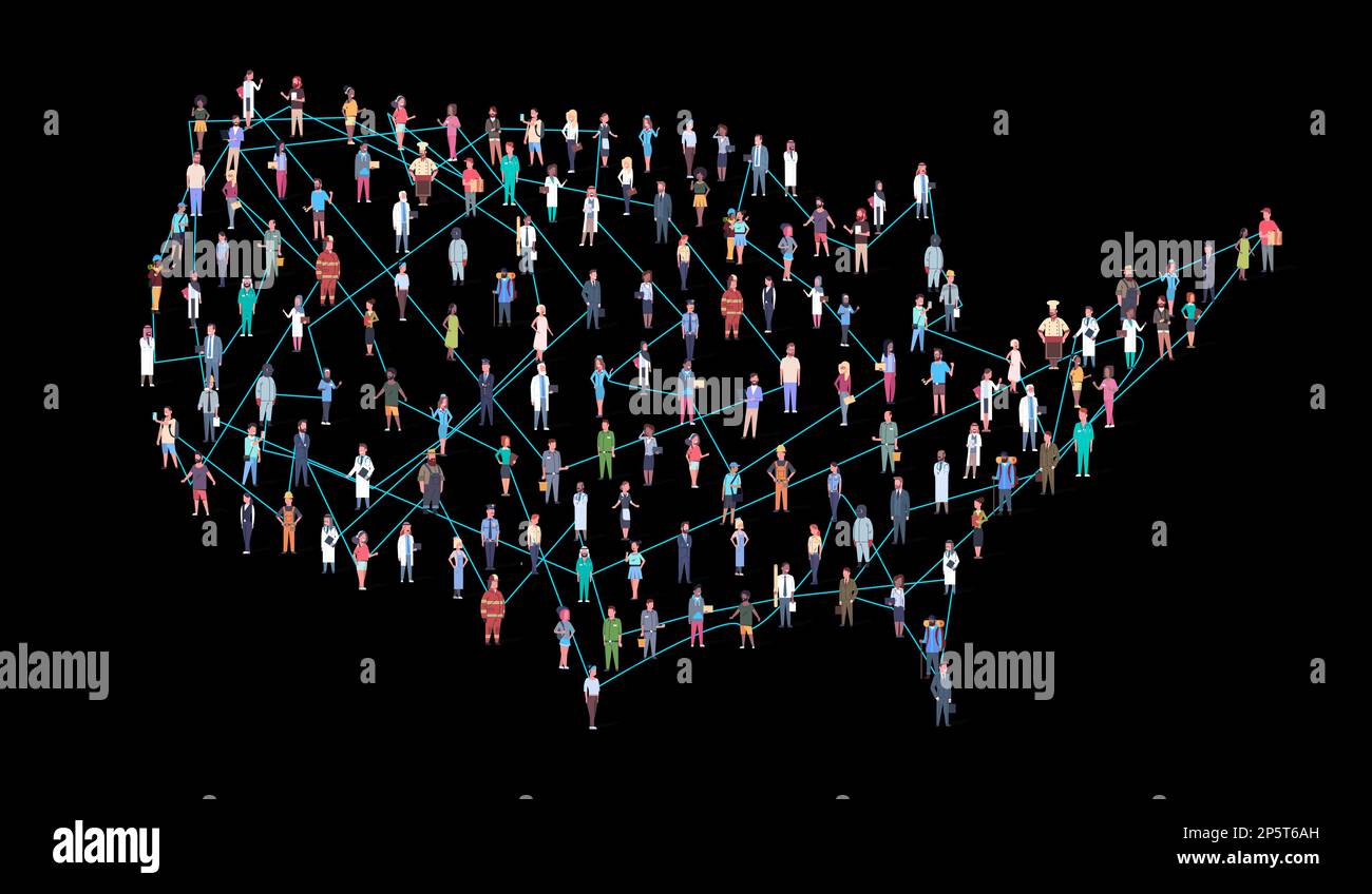 US Population Connected Creative Concept sulla mappa degli Stati Uniti. Grande folla di persone diverse che si trovano insieme a forma di USA Country Symbol. Mul Foto Stock