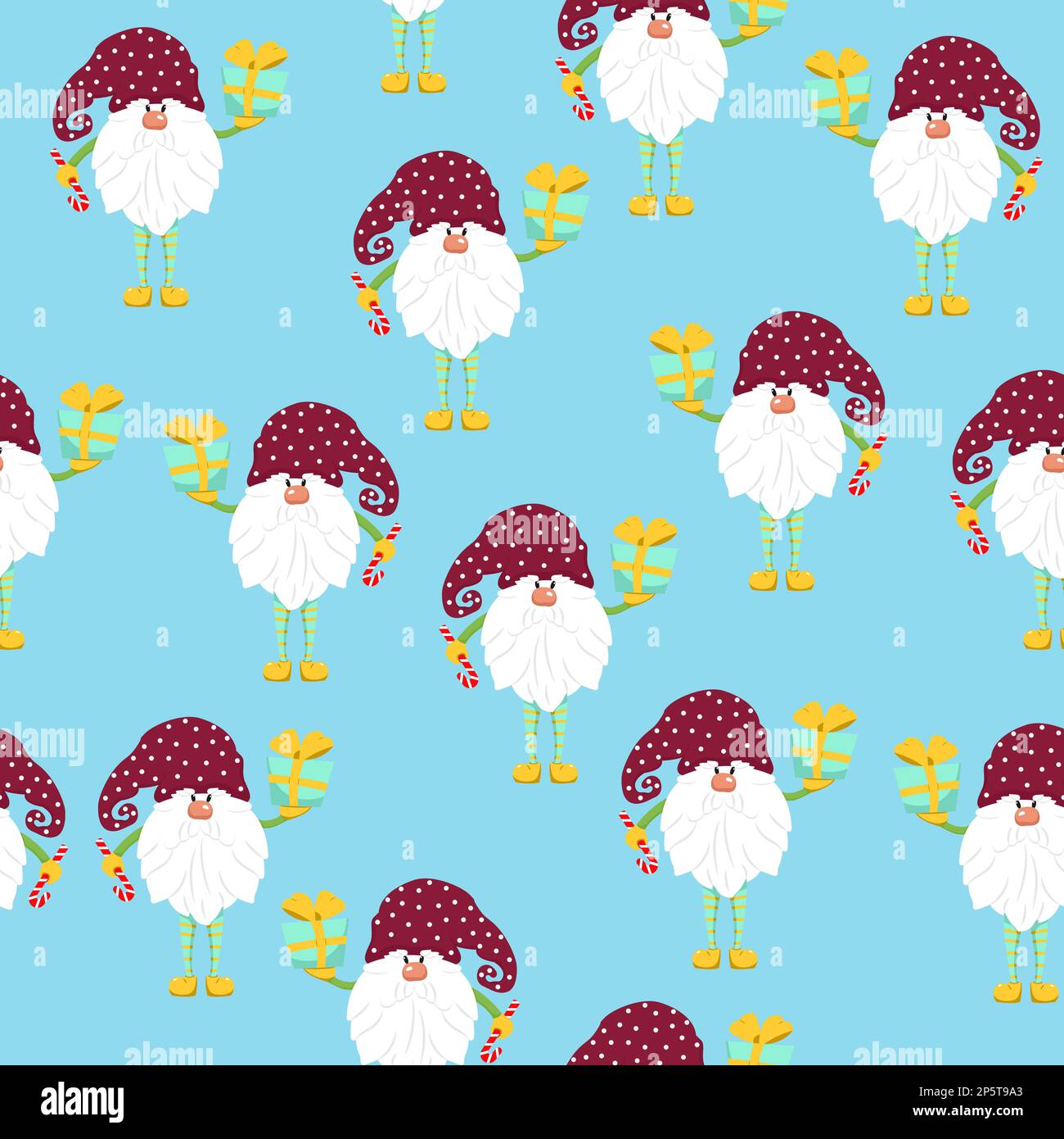 Gnomes divertenti con i regali modello senza cuciture. Gnomes allegro in cappelli vettore caratteri stile piatto Illustrazione Vettoriale