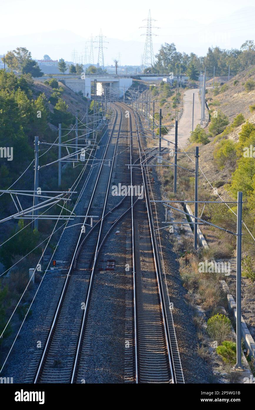 Nodo ferroviario principale Atene-Corinto per la linea Loutraki, attualmente in costruzione, gennaio 2022 Foto Stock