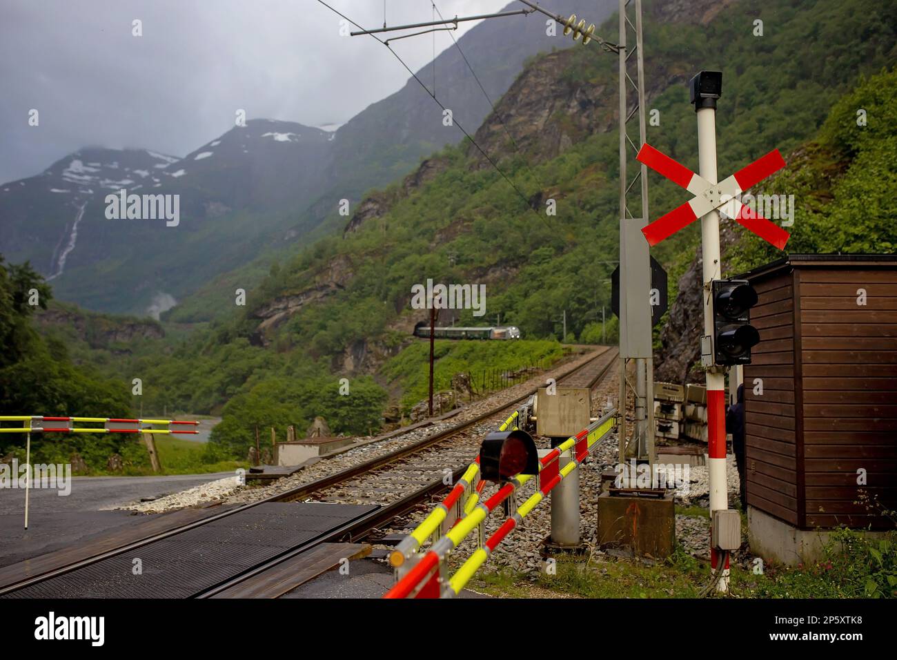 Ferrovia a Flamsbana, una delle più famose in Norvegia per fiordi, montagne e altri meravigliosi miracoli della natura Foto Stock