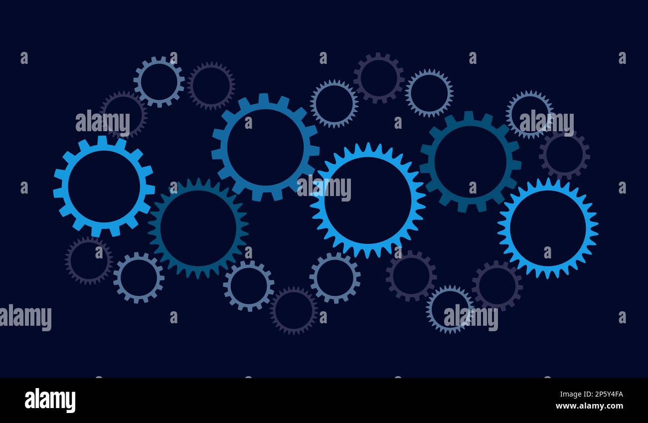 Gruppo di ingranaggi collegati su sfondo bianco. Sfondo ruota a dente. Concetto di gestione del meccanismo e del sistema Foto Stock
