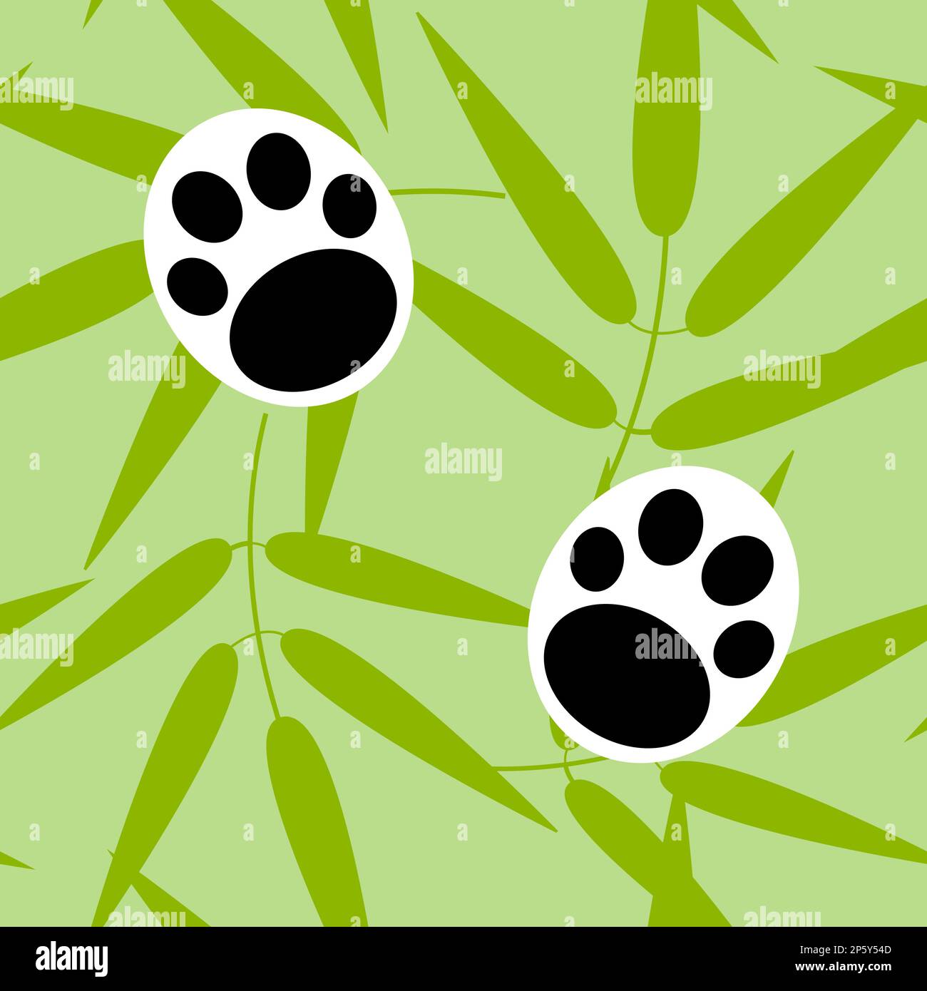 Rametti di bambù e zampe di panda su uno sfondo verde senza cuciture modello. Illustrazione Vettoriale