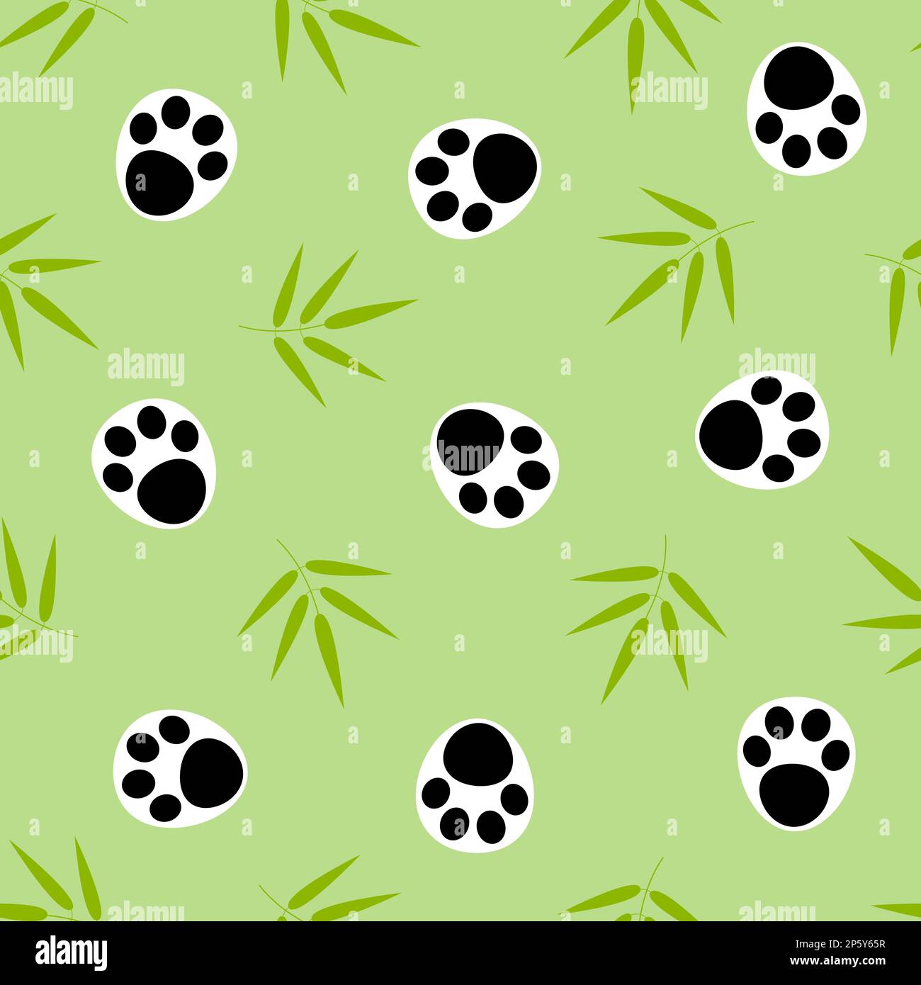 Rametti di bambù e zampe di panda su uno sfondo verde senza cuciture modello. Illustrazione Vettoriale