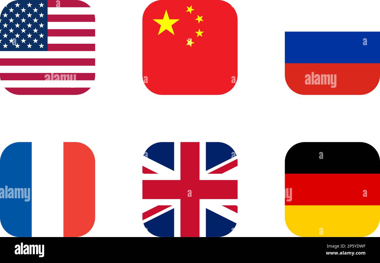 Soft Square Flag Icon Collection of USA Stati Uniti d'America, Cina, Russia, Regno Unito Francia e Germania. Immagine vettoriale. Illustrazione Vettoriale
