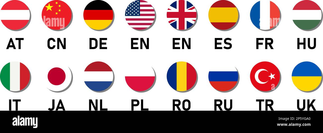 Round Flag Vector Icon Set of Austria Bulgaria Germania UK USA Francia Ungheria Italia Giappone Paesi Bassi Polonia Romania Russia Spagna Turchia Ucraina Cina. Illustrazione Vettoriale