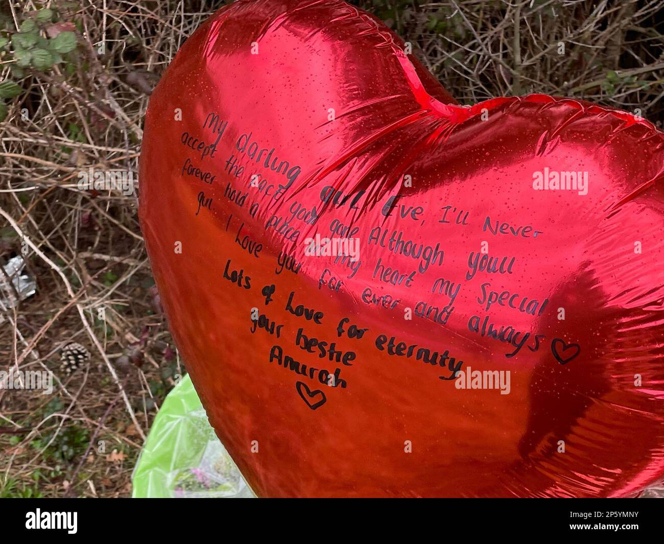 Un messaggio su un pallone lasciato vicino alla scena nella zona di St Mellons di Cardiff, dove tre persone scomparse in una notte sono morte in un incidente stradale. Altri due che erano stati anche segnalati mancanti sono stati trasportati in ospedale con gravi lesioni. Sophie Russon, 20, Eve Smith, 21, e Darcy Ross, 21, che aveva fatto il viaggio da Porthcawl, Rafel Jeanne, 24, e Shane Loughlin, 32, Entrambi da Cardiff, era stato visto per l'ultima volta in città nelle prime ore del sabato. Data immagine: Lunedì 6 marzo 2023. Foto Stock