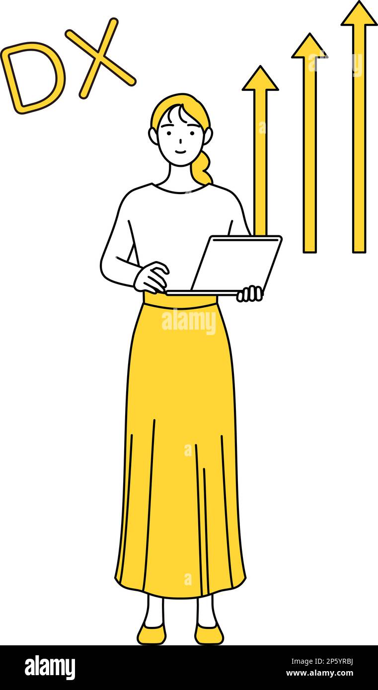 Immagine di DX, Una giovane donna vestita casualmente che ha migliorato con successo il suo business, Vector Illustration Illustrazione Vettoriale