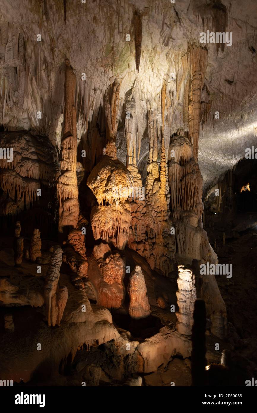 Stalattiti e stalagmiti nella colorata grotta in pietra di roccia gocciolante in Slovenia Foto Stock