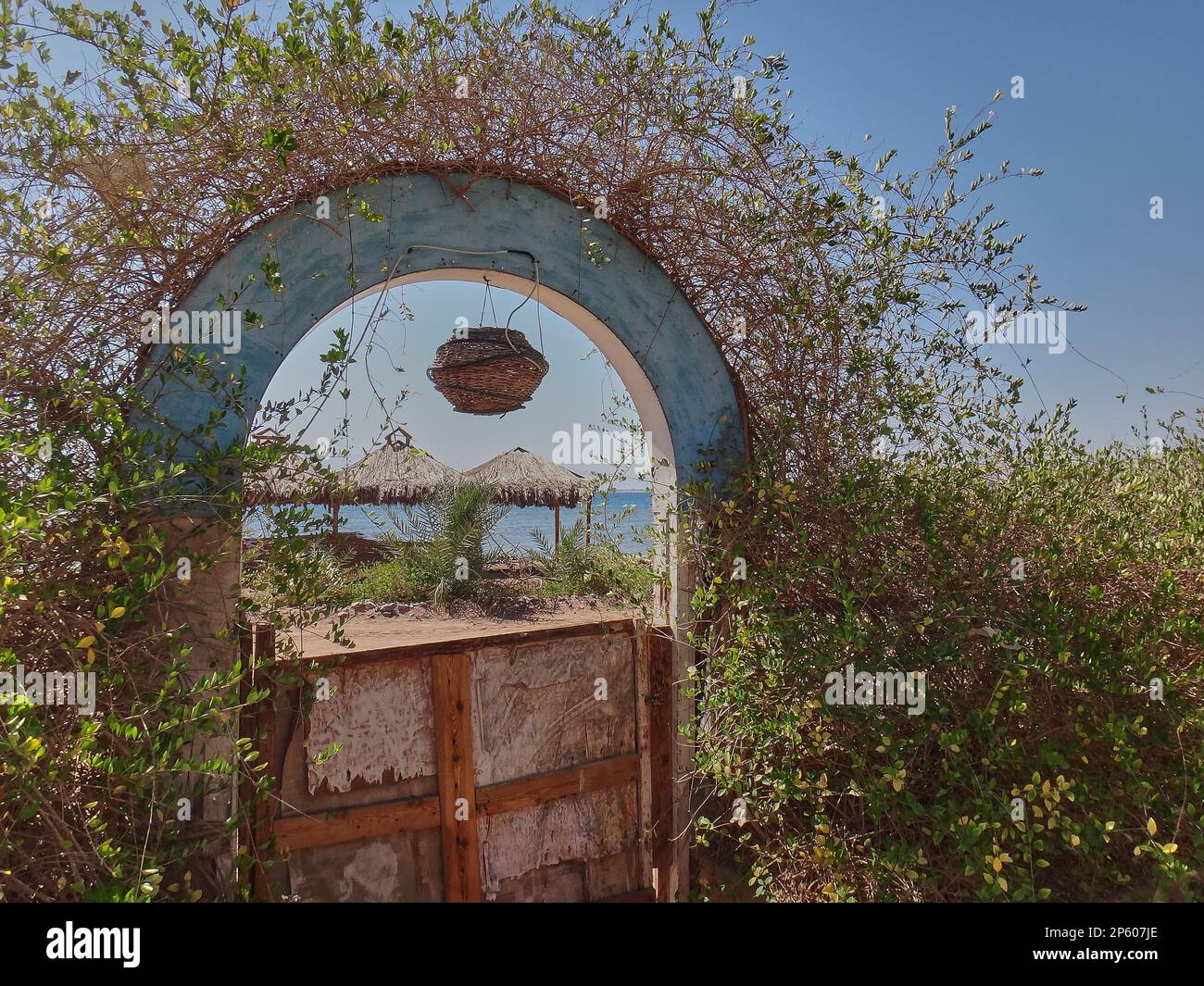 Piccola porta al paradiso in un giardino lussureggiante e verde in una luminosa giornata di sole in Egitto. Foto Stock