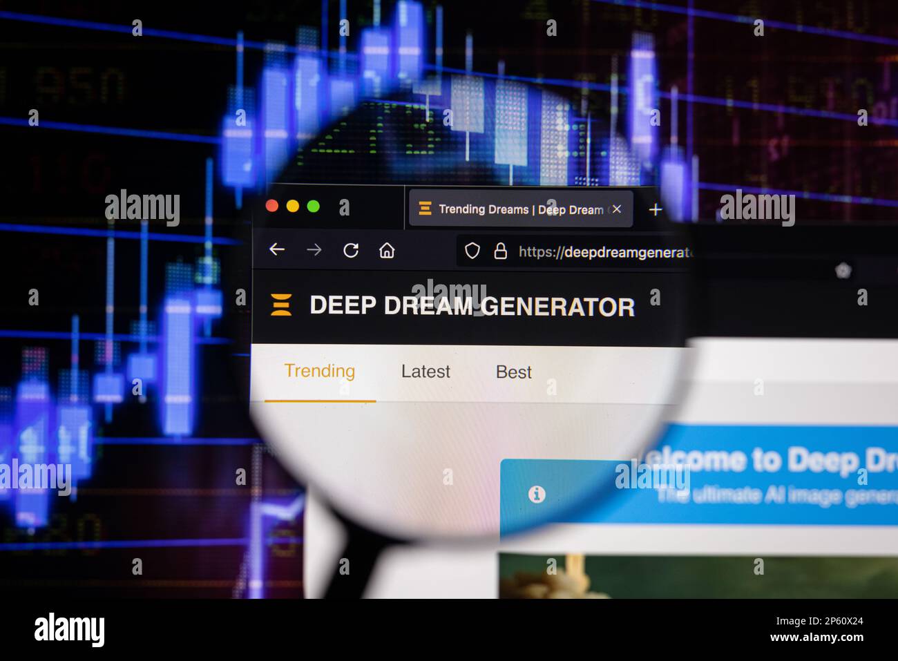 Deep Dream Generator ai logo aziendale su un sito web con blurry mercato azionario sviluppi in background, visto su uno schermo attraverso una lente di ingrandimento Foto Stock