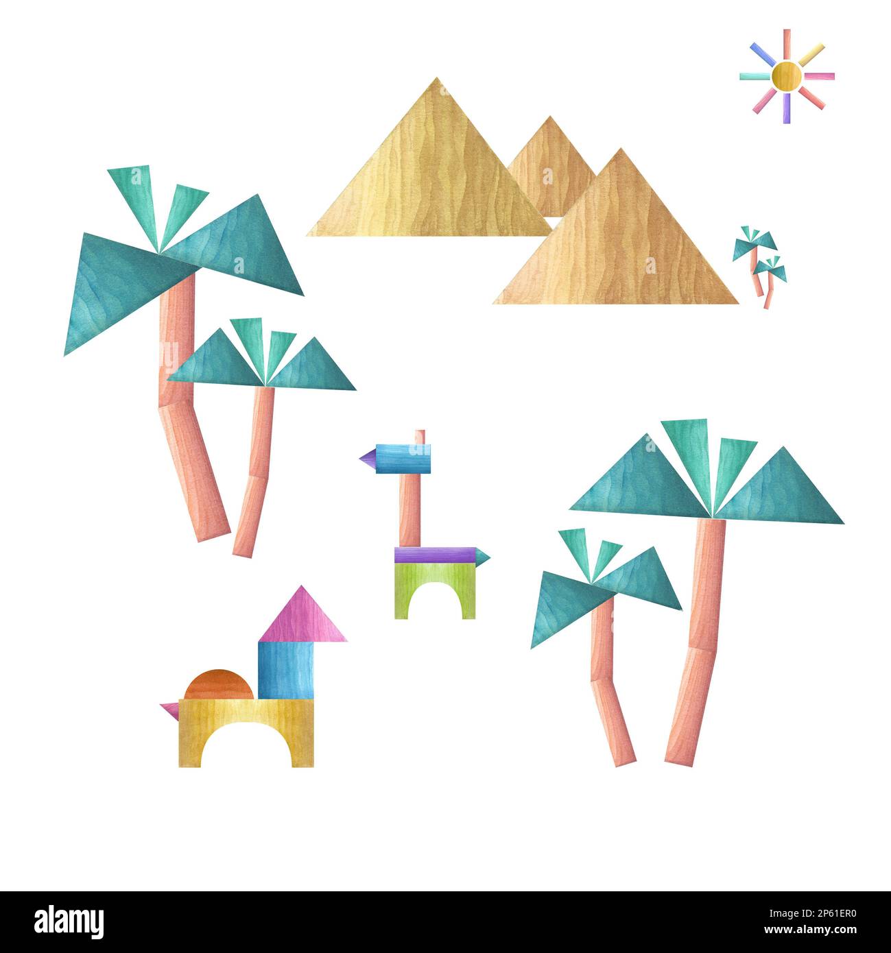 Acquerello illustrazione di palme, piramidi, animali costruiti con mattoni di legno. Set dipinto a mano isolato su sfondo bianco. Per i bambini stampa Foto Stock