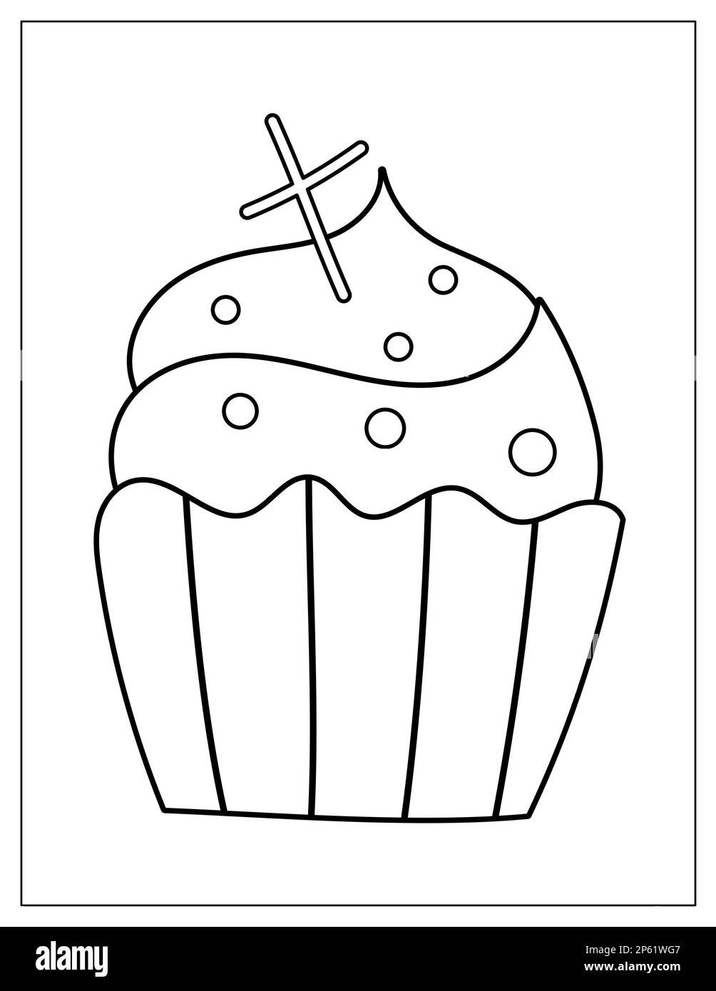 Pagina da colorare di Halloween con cupcake spettrale con croce su di esso. Scricchiolante stampa dessert autunnale per libro da colorare Illustrazione Vettoriale